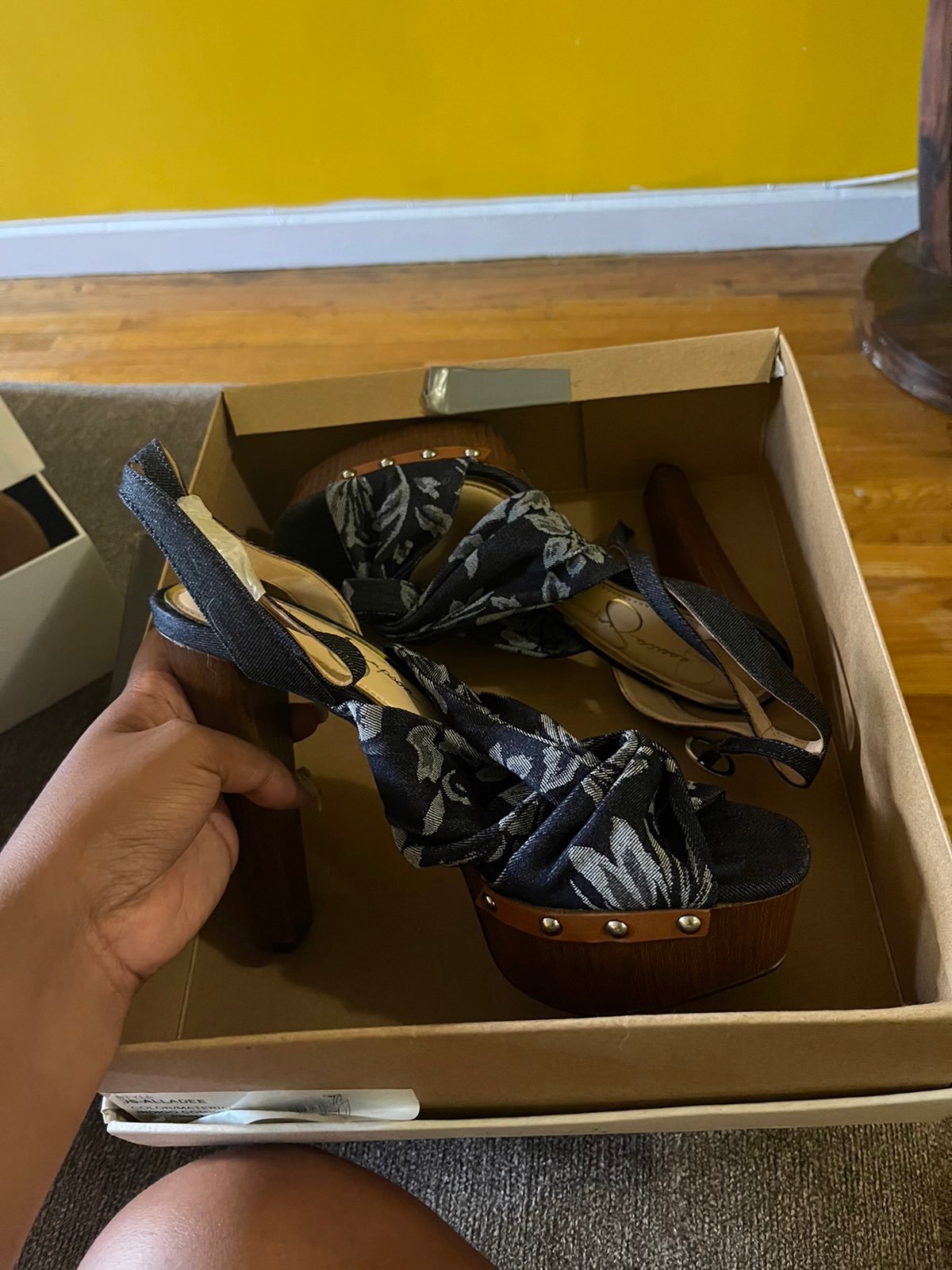 Jessica simpson Lily print denim wooden chunky heels