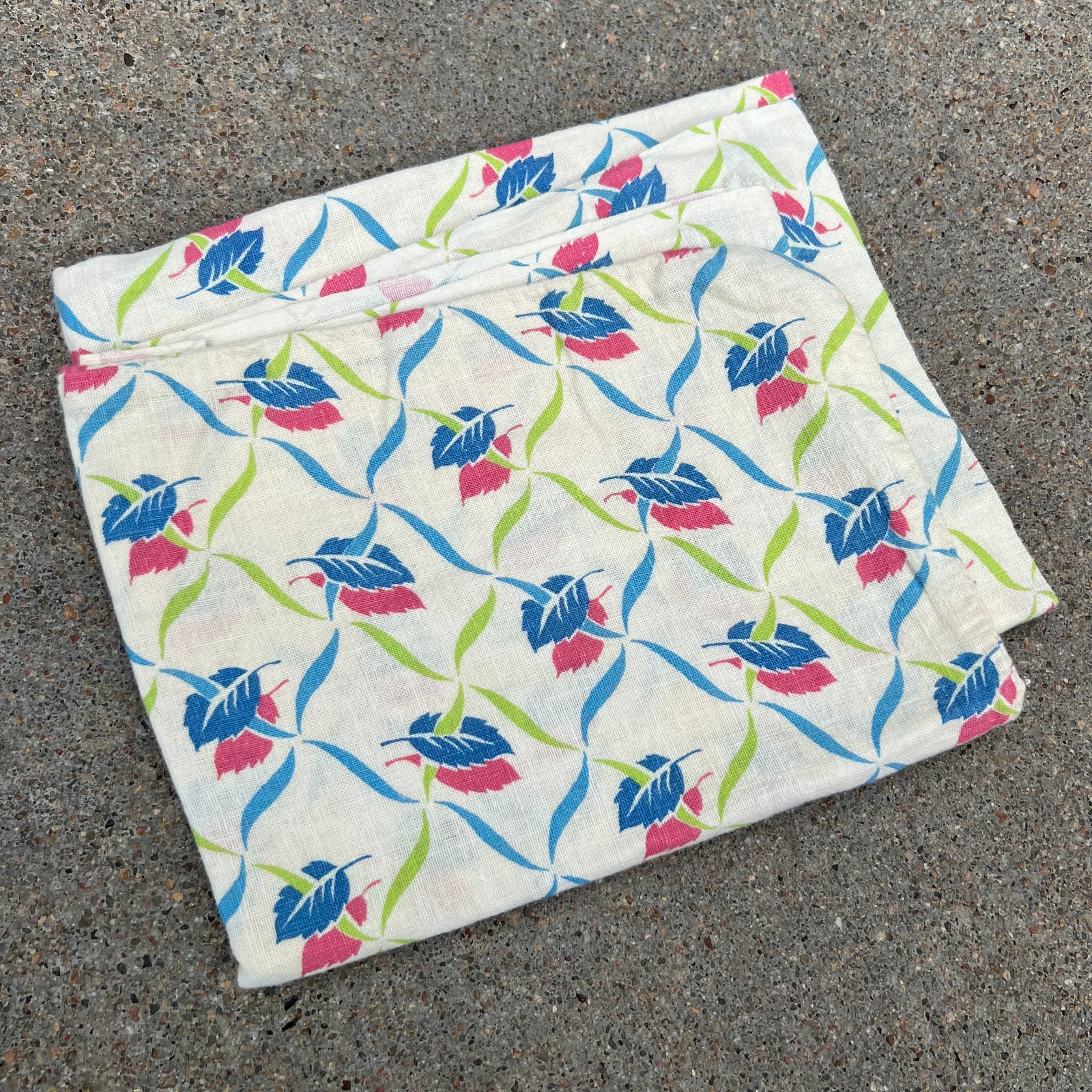 Vintage Cotton Flour Feed Sack with pink blue and green leaf and diamond print