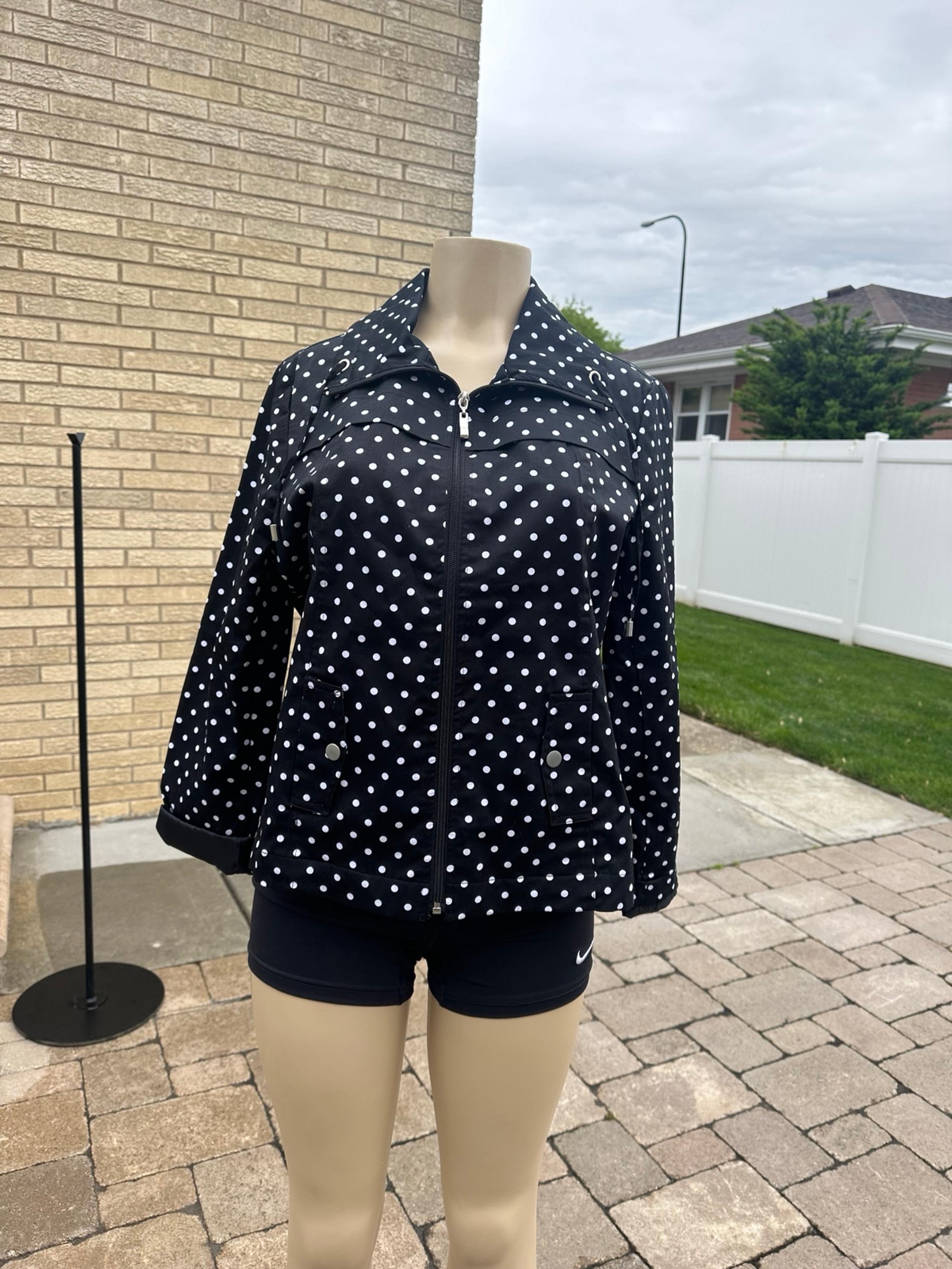Studio Works Women's Black Polka Dot Cotton Blend Jacket LP Full Zip Funnel Neck