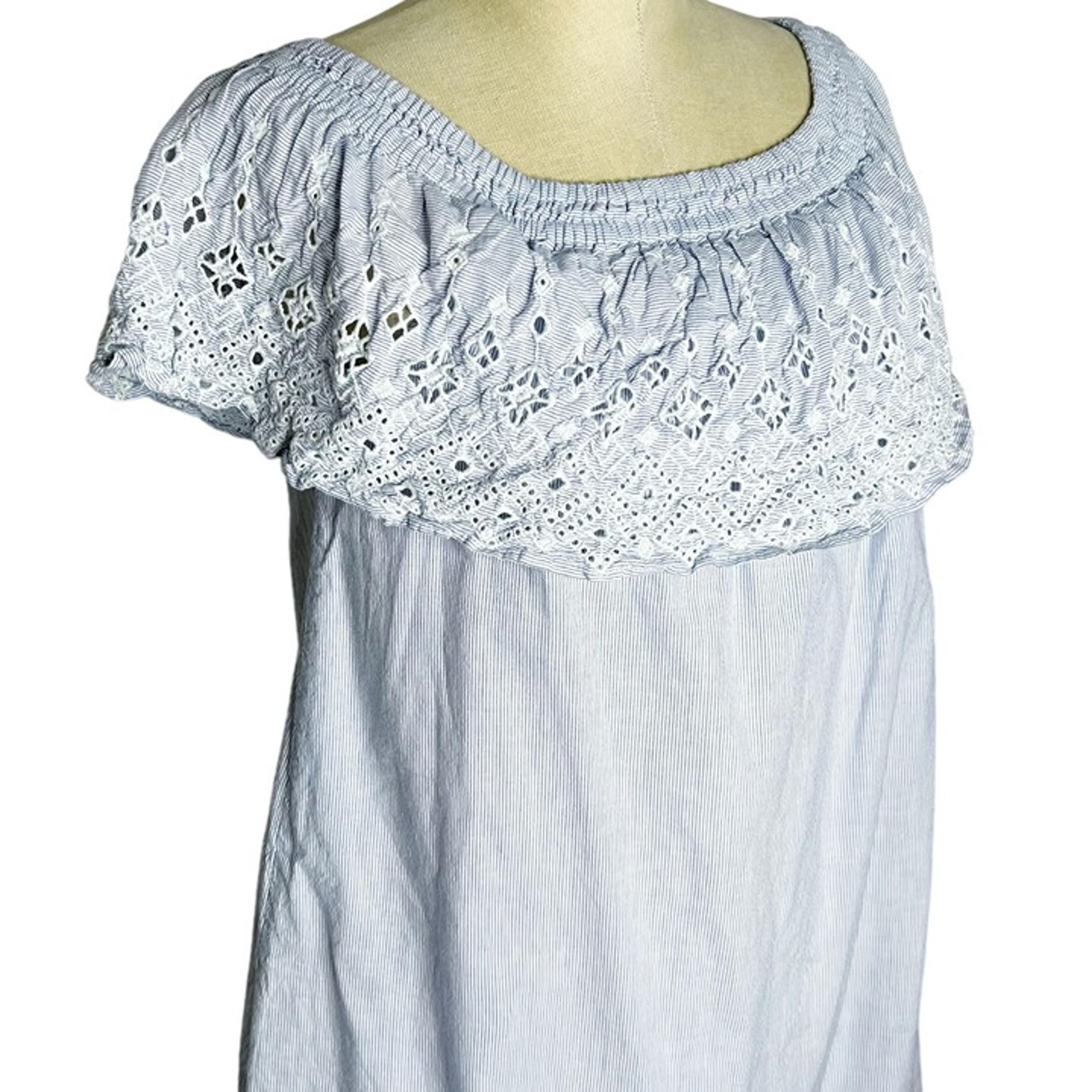 Loft Dress Womens Size S White Blue Striped Eyelet Lace Ruffle