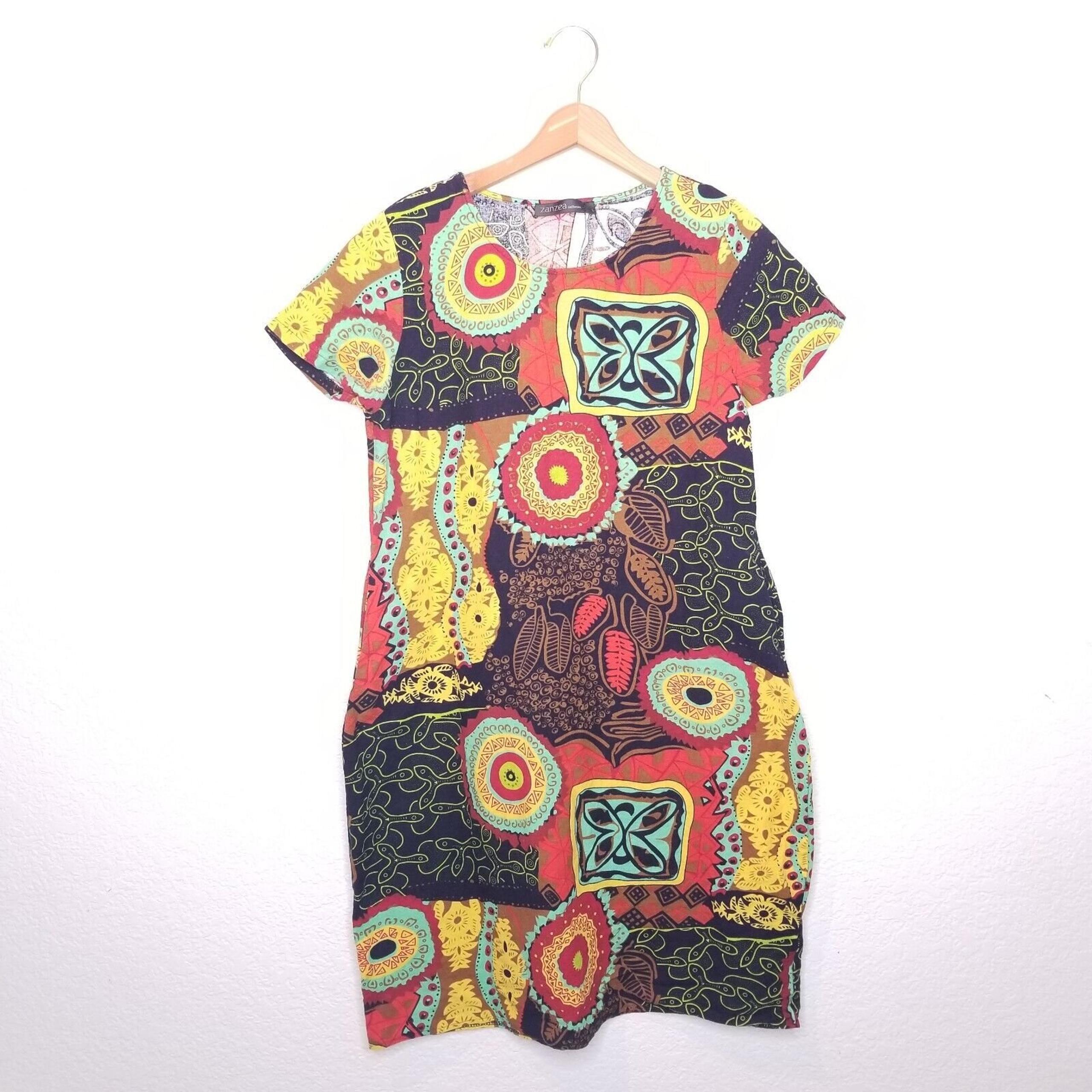 Zanzea Womens Multicolored Dress Sz L Side Pockets A-Line Flutter Sleeve