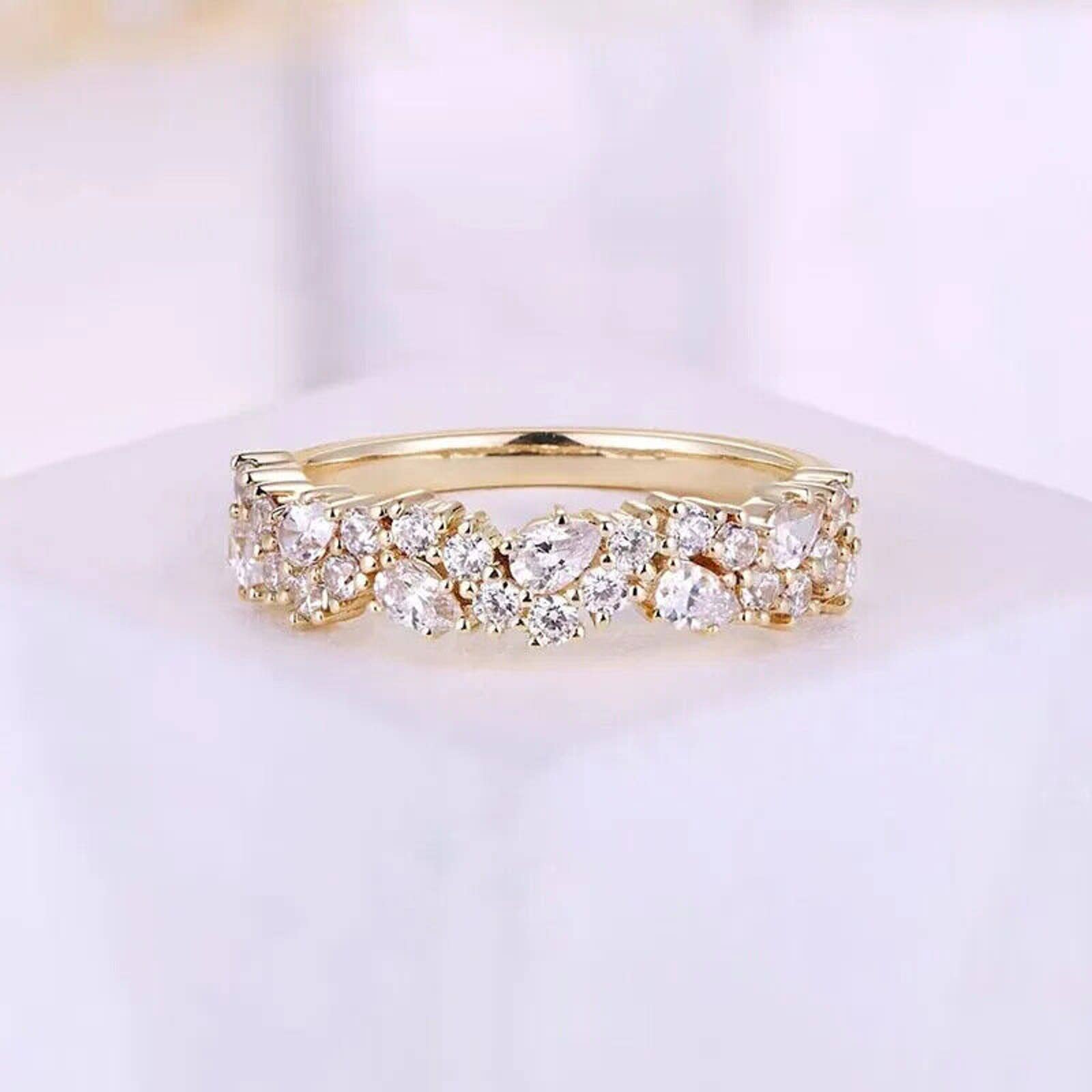 Vintage Solid Gold Wedding Band with Moissanite 14k Gold, Moissanite Wedding