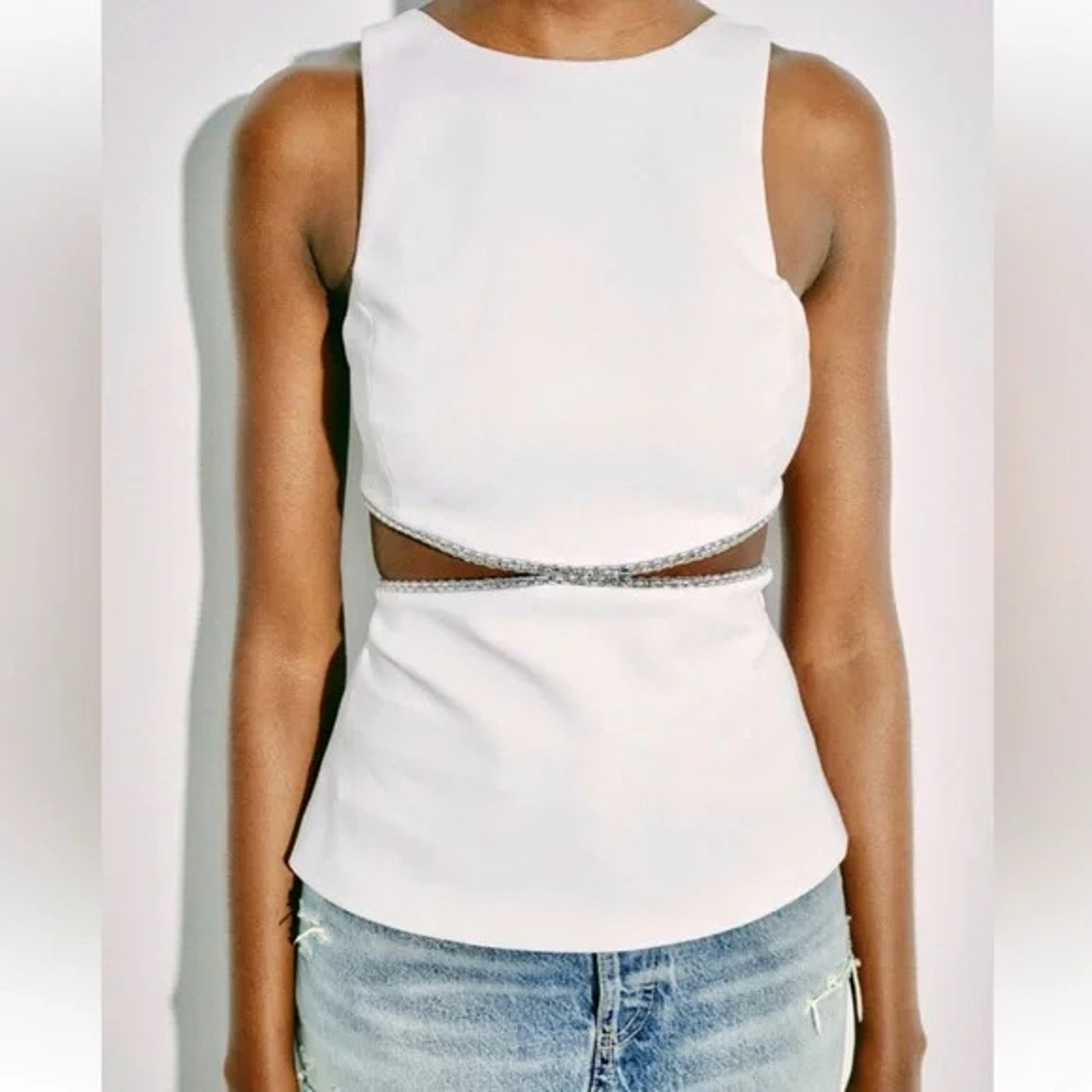 Nwt ZARA White Jeweled Rhinestone Embellished Cutout Top Women Sz S