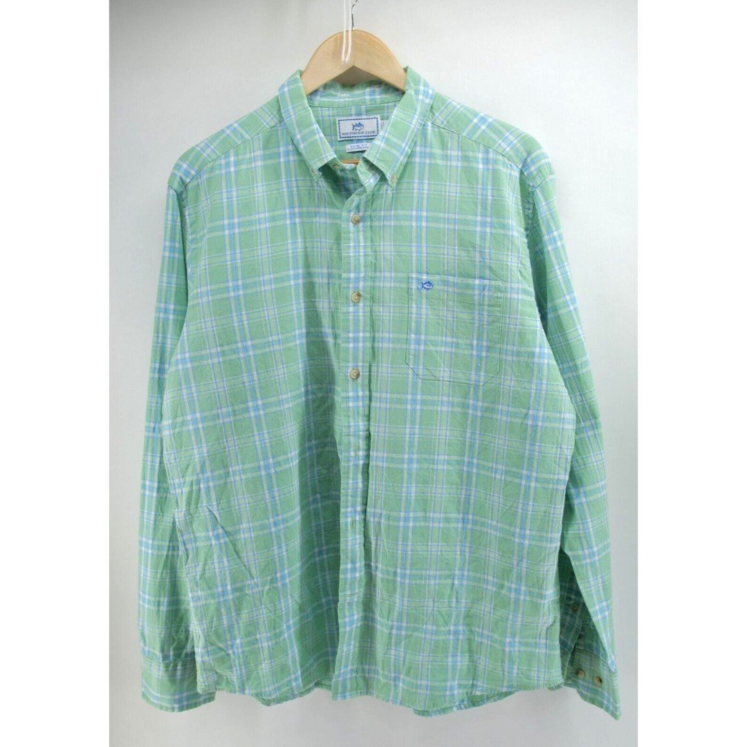 Southern Tide Shirt Mens Green Blue Plaid Linen Blend Stretch Trim Fit LArge