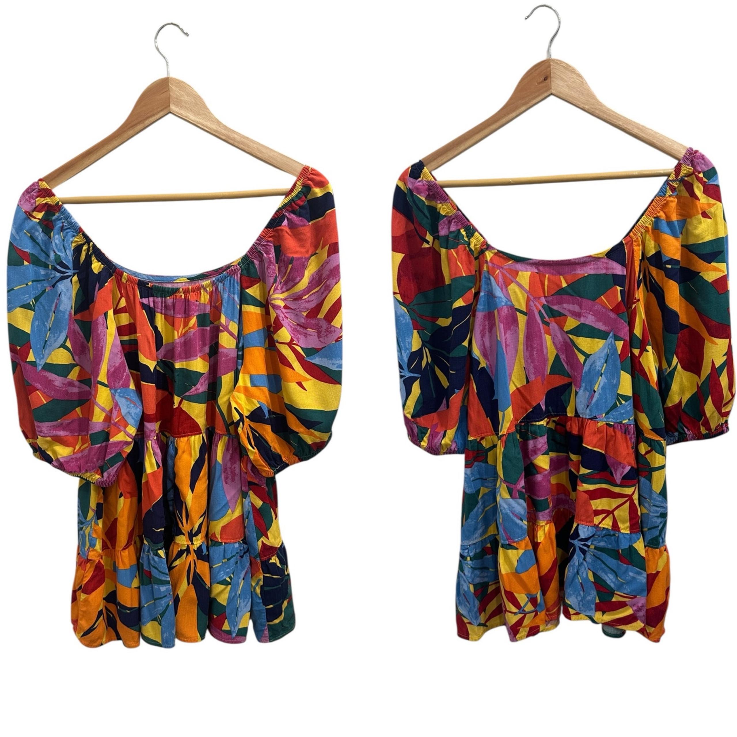 Terra & Sky Multicolor Tropical Leaf Tiered Peasant Blouse Resort Wear Dopamine