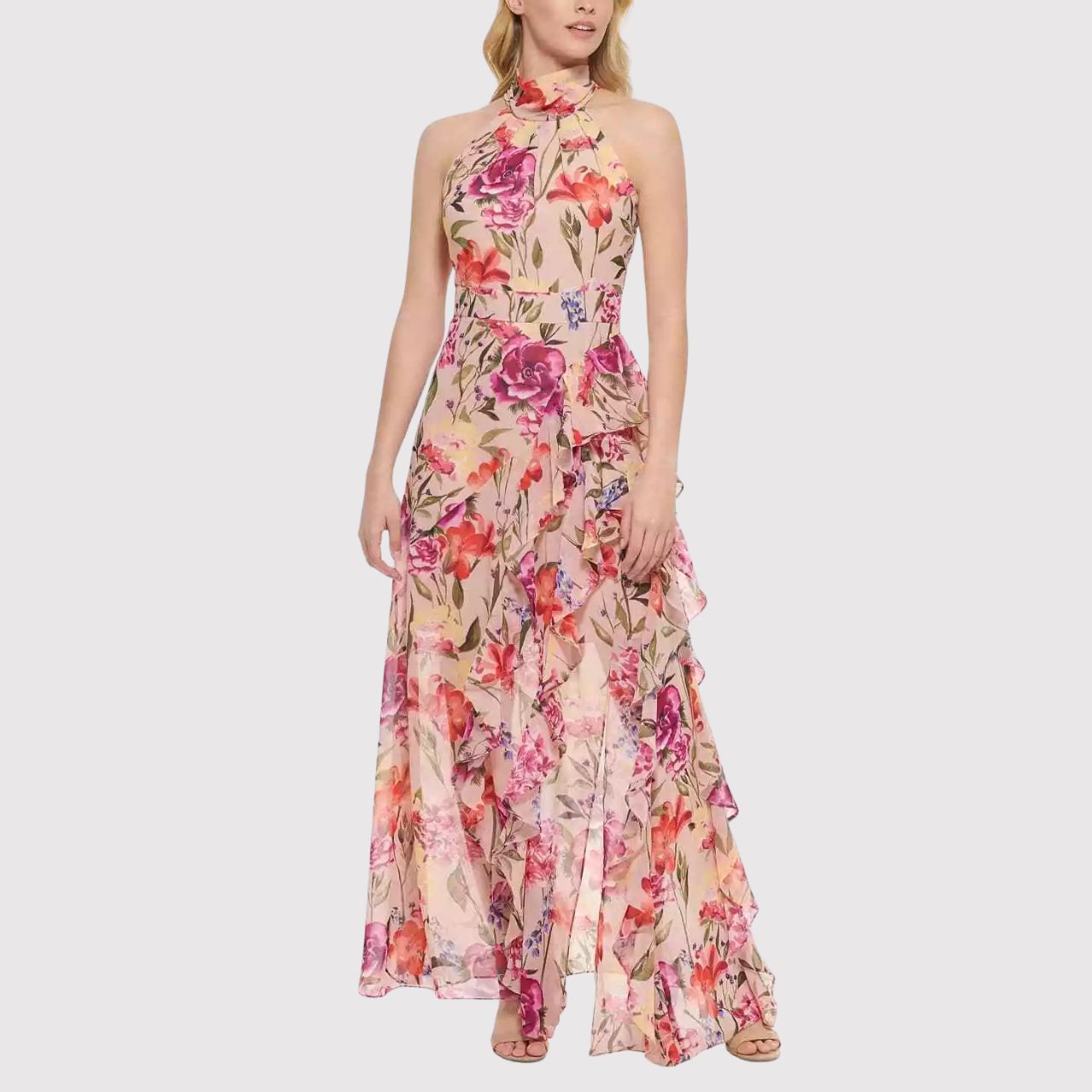 Eliza J Womens Dress Pink Floral Halter Maxi Ruffle A Line Cottagecore Size 10