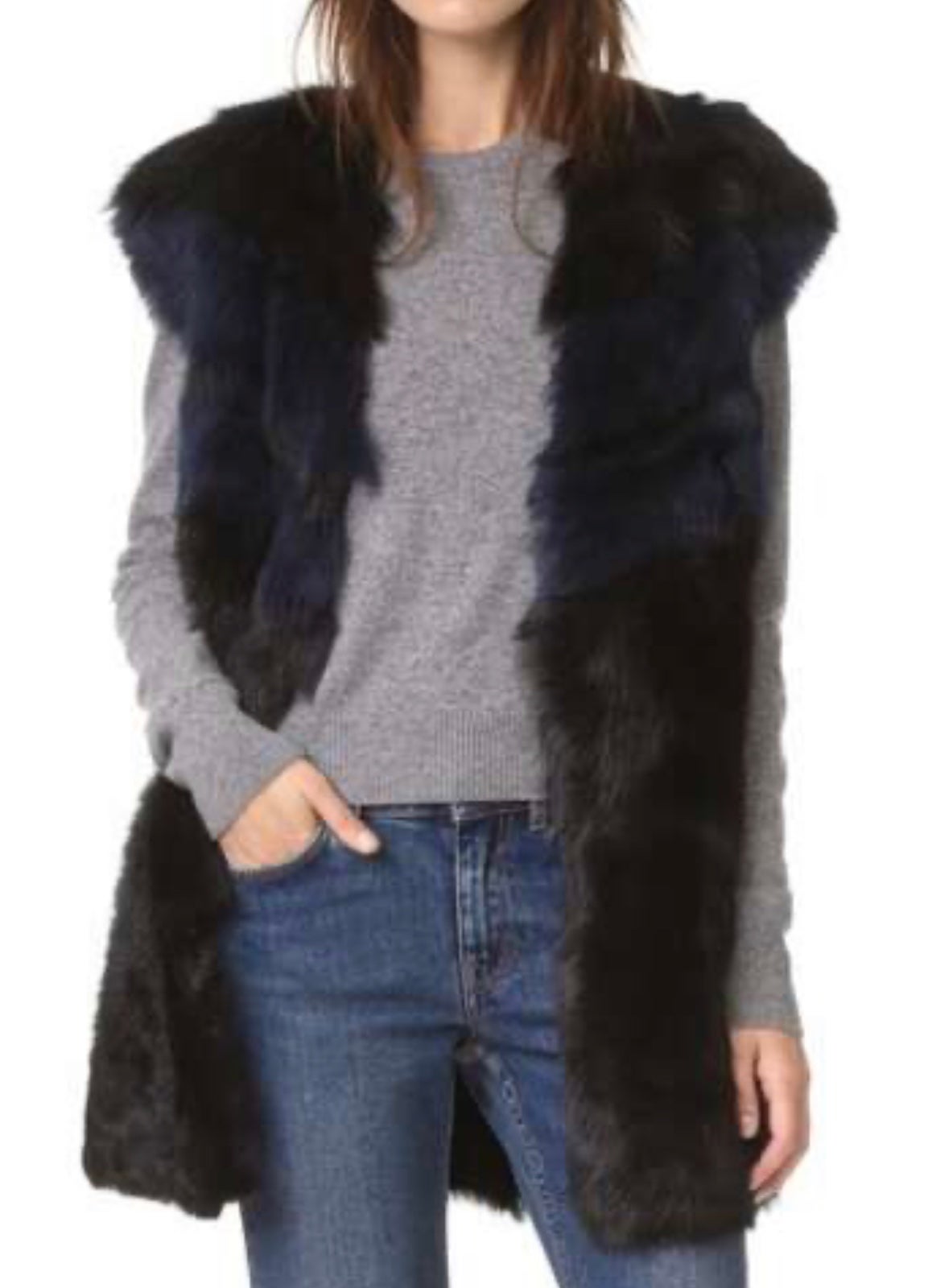 Nwt 2,105 Iro Manami black blue shearling lamb long Vest sz 36 / small
