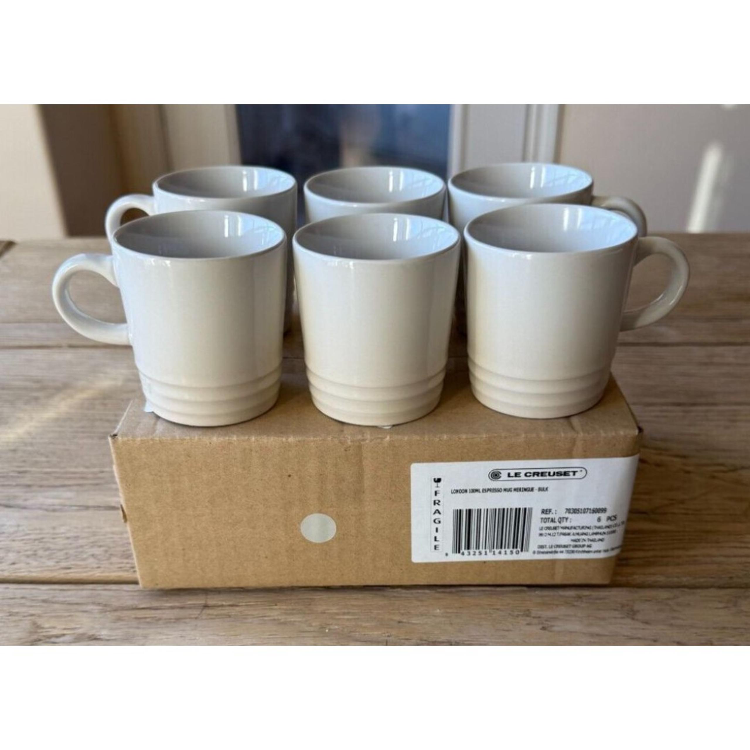 Le Creuset Stoneware Set of 6, 3 oz London Espresso Mugs Meringue NEW