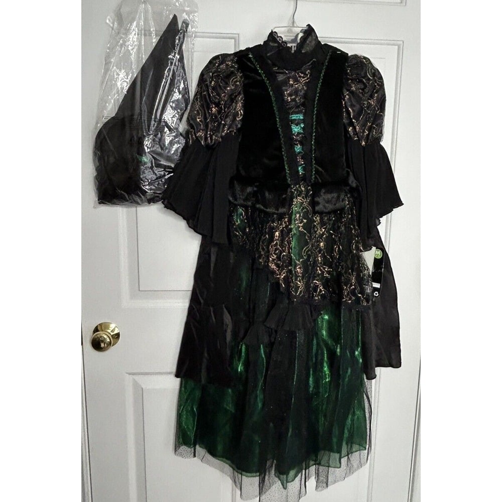 Wizard of Oz Wicked Witch Costume Dress, Hat, Cape, & Mini Broom Kids M (8-10)