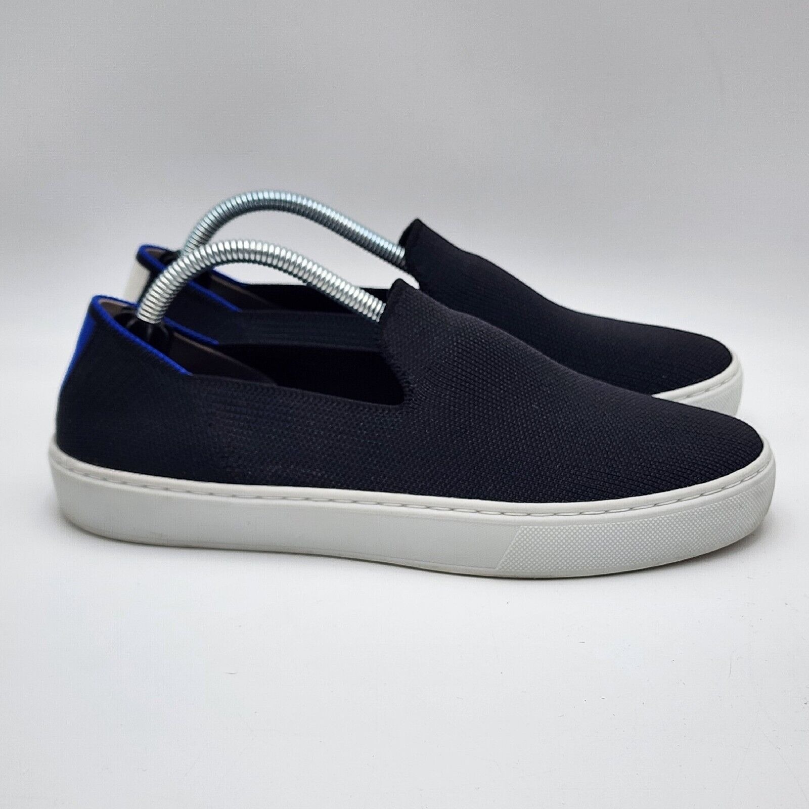 Rothy's The Original Slip On Sneakers Womens 7 Black Knit Blue White Stripe Shoe