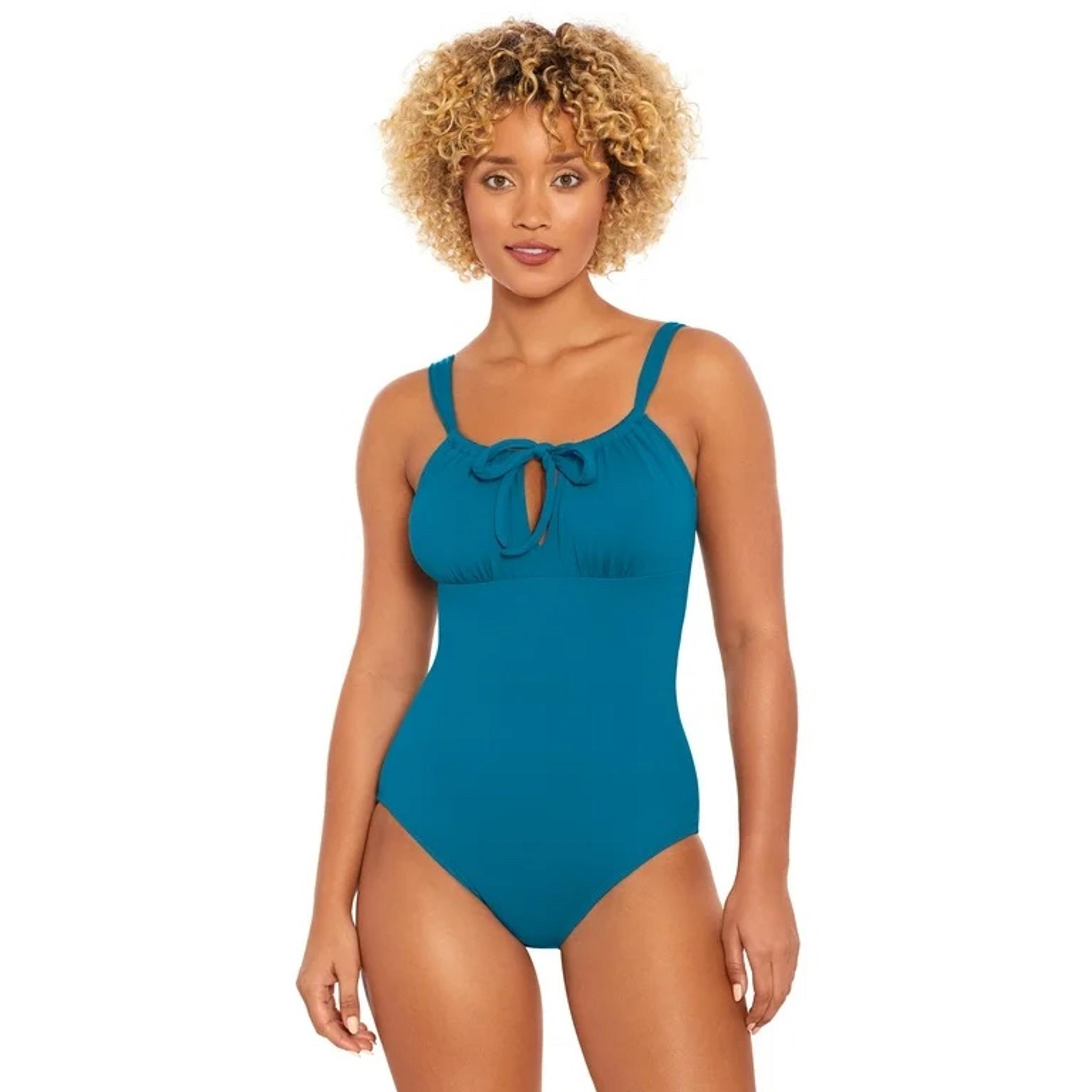 Women’s Peasant Neck Keyhole Tie Front One Piece Swimsuit NWT med - Time and Tru