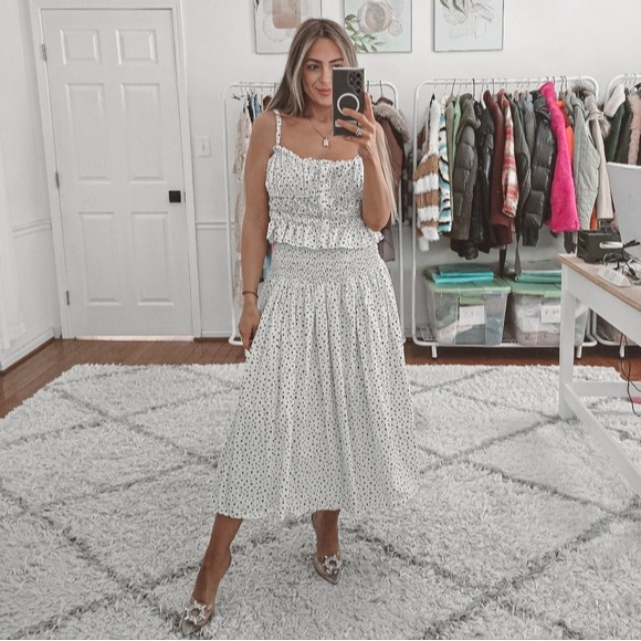 J.Crew cotton white with blue polka dot top and skirt set