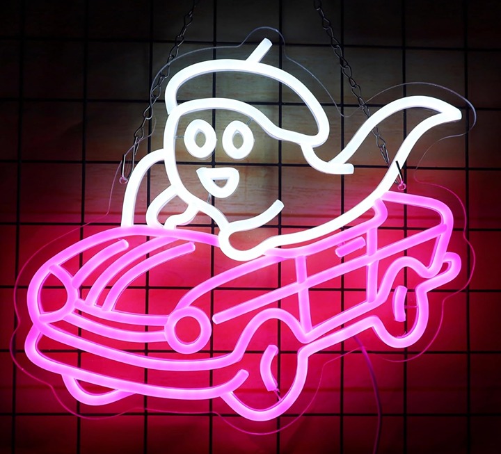 Fun Bright White Ghost Driving Pink Car LED Night Light Room Wall Decoration