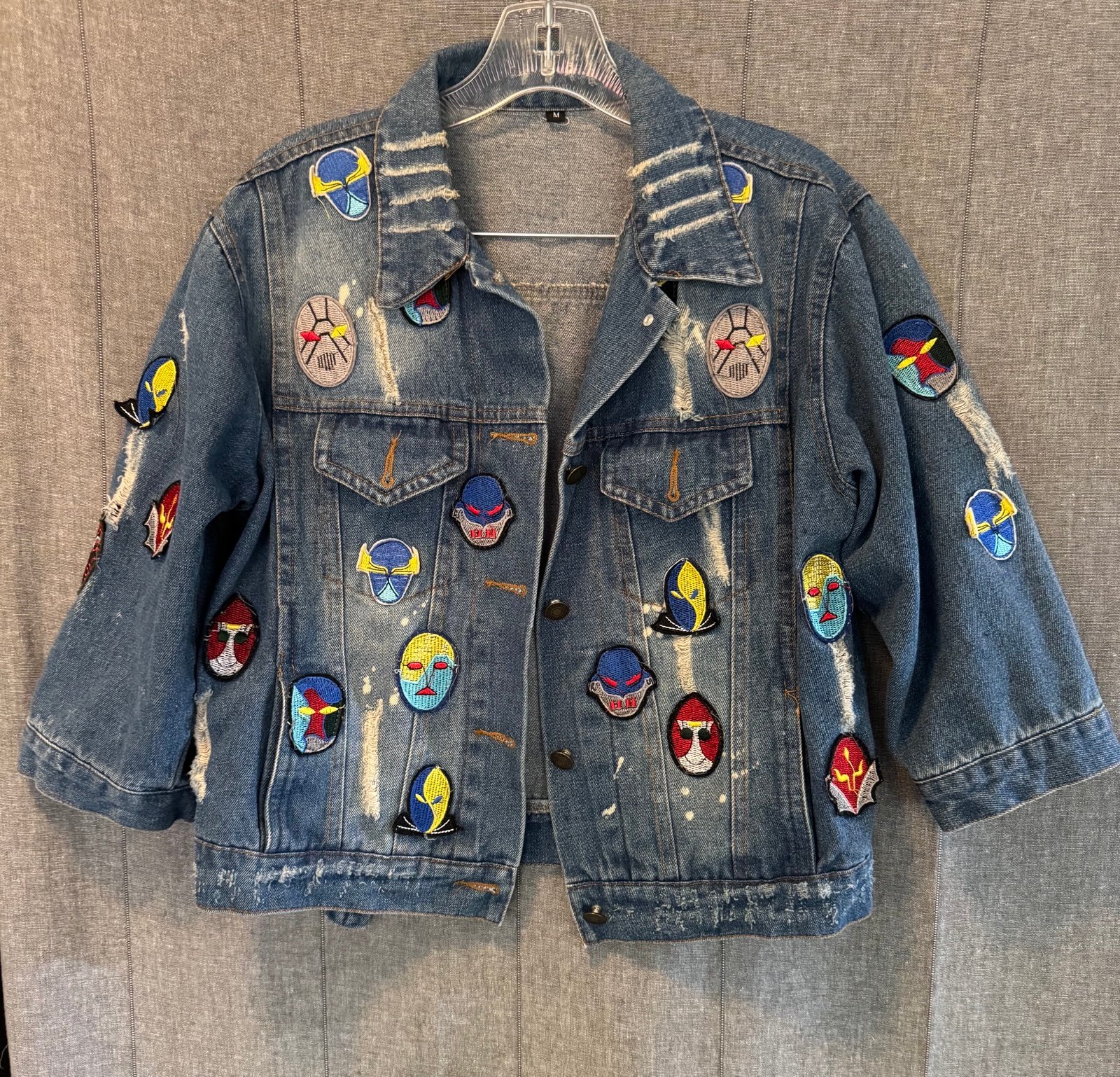 Women Med Distressed Denim Jean Jacket with Super Hero Nacho Libre Mask Patches