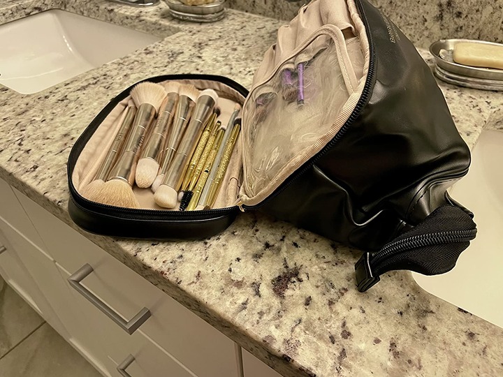 Abiudeng Travel Makeup Bag, Double Layer Portable Leather Toiletry Bag,Roomy Cos