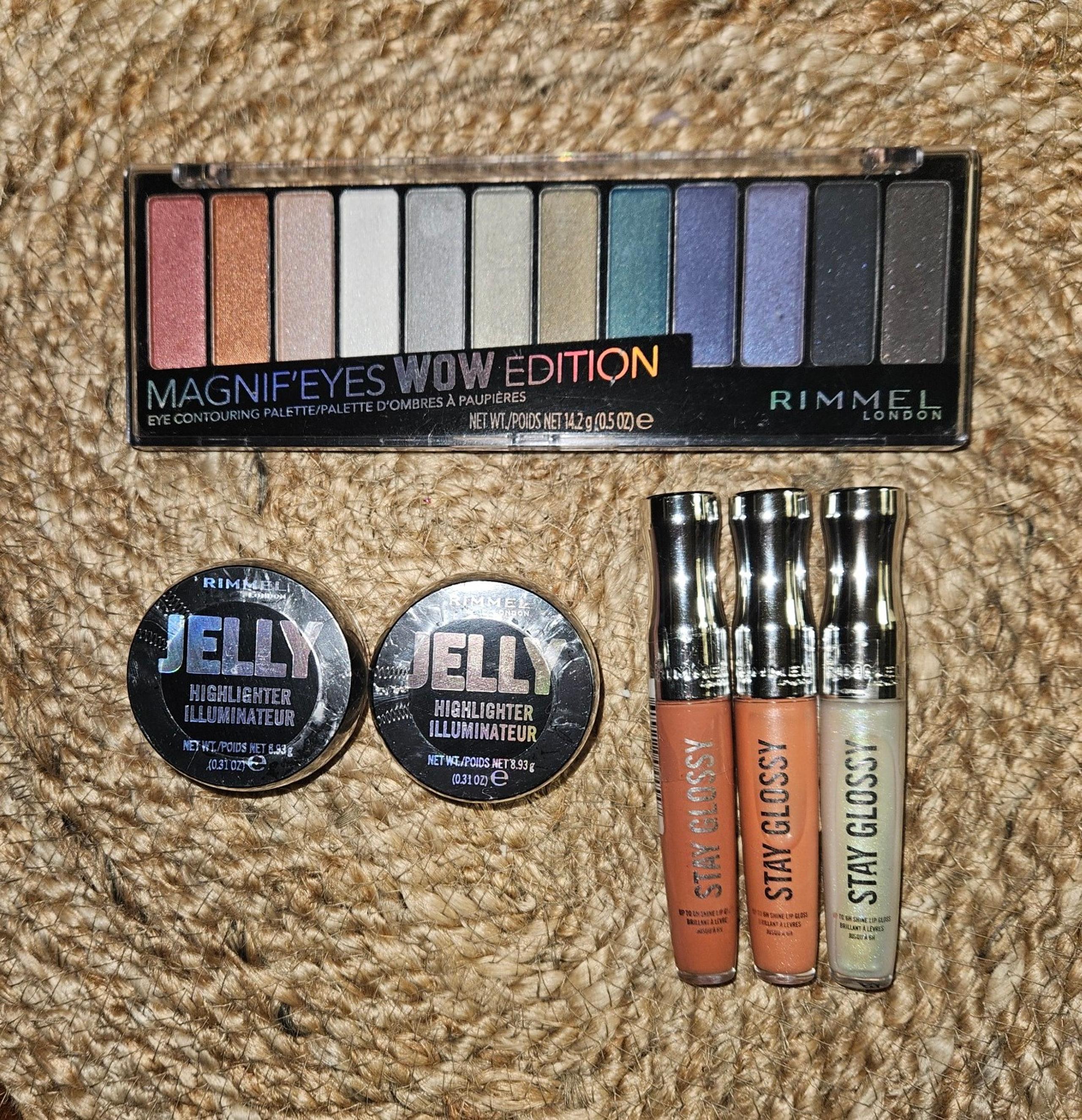 Rimmel makeup bundle Eyeshadow Palette Jelly Highlighters lip glosses