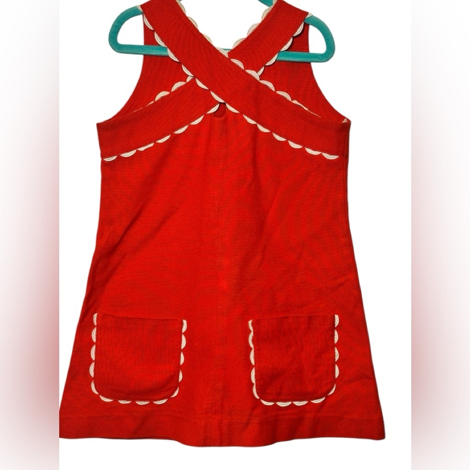 Bellina Paris Vintage Red White Ric Rac Lace Trim Zip Back Criss Cross Front