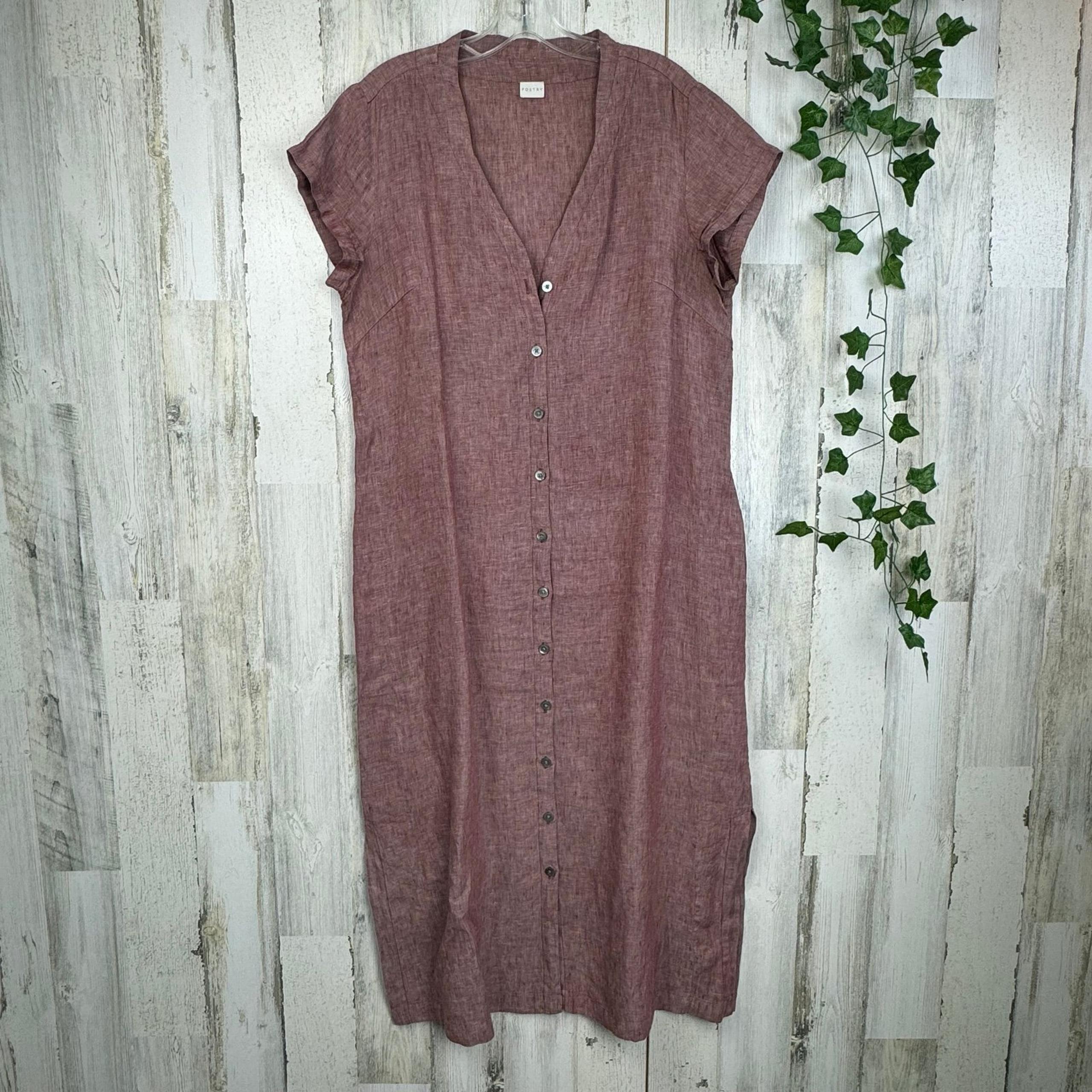 Poetry Blue Linen V-Neck Button Front tunic Dress Short Sleeve