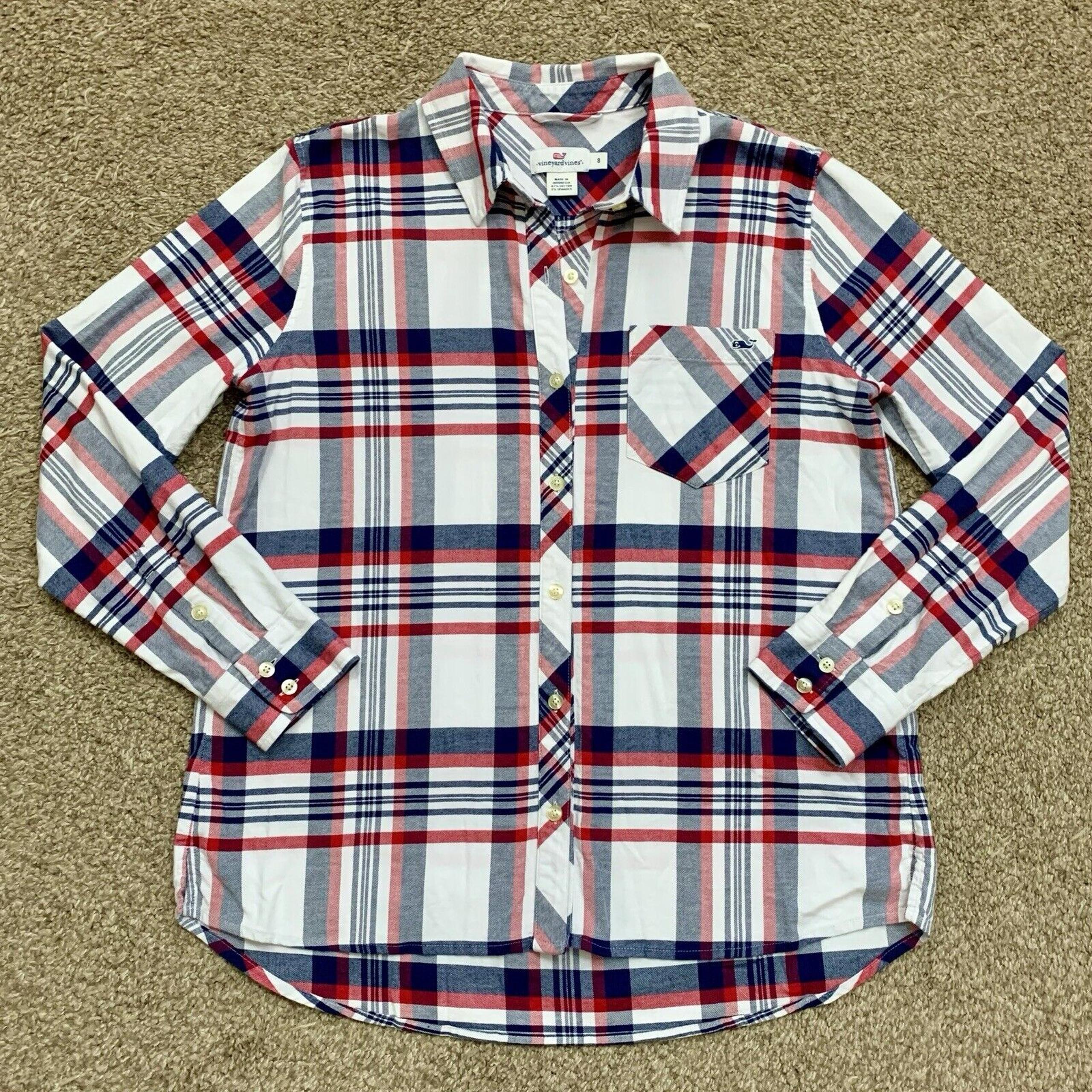 Vineyard Vines Shirt Womens 8 Medium Red White Blue Plaid Casual Button Up Top