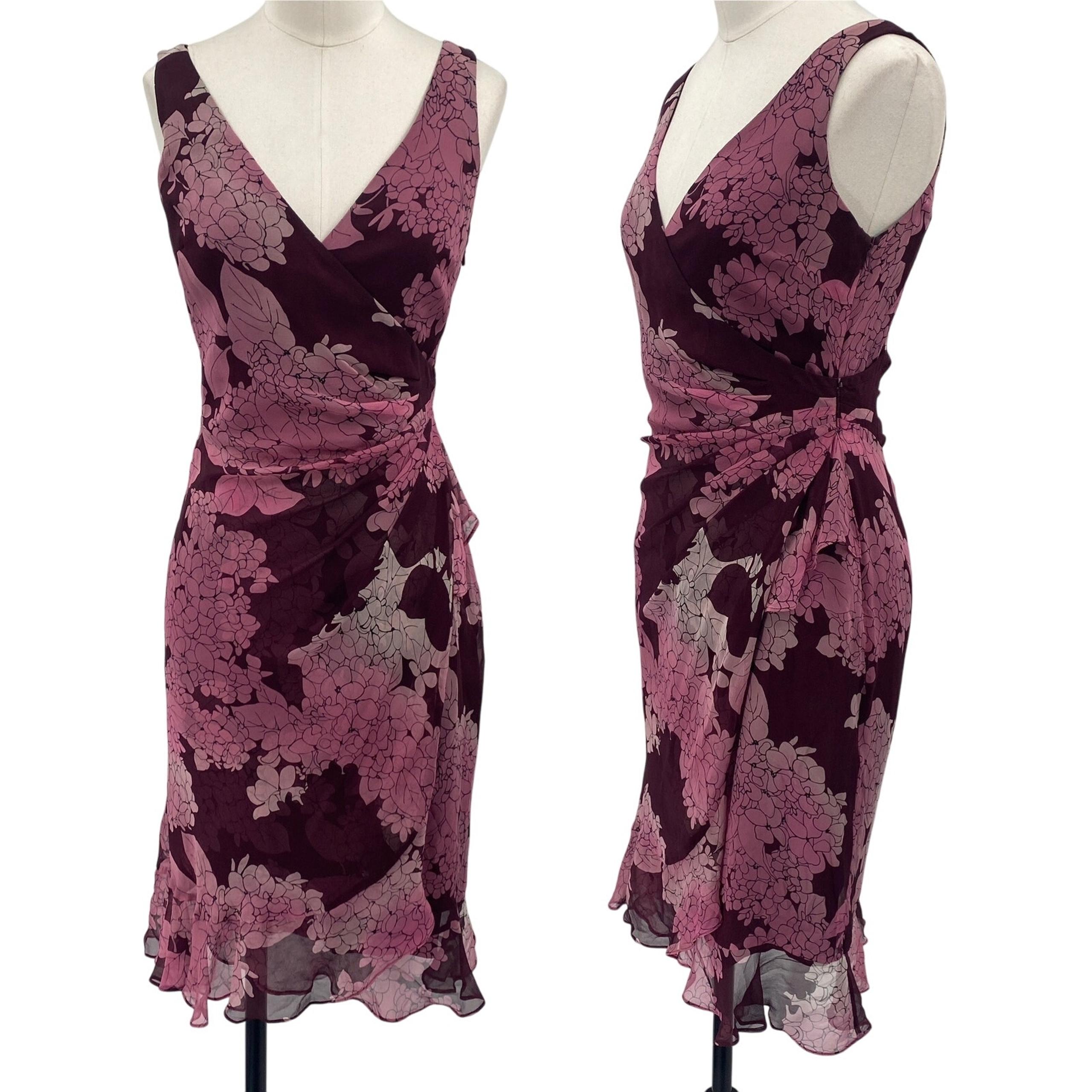 Vintage Y2k Silk Dress Gathered Waist Faux Wrap Floral Printed Purple Pink 2