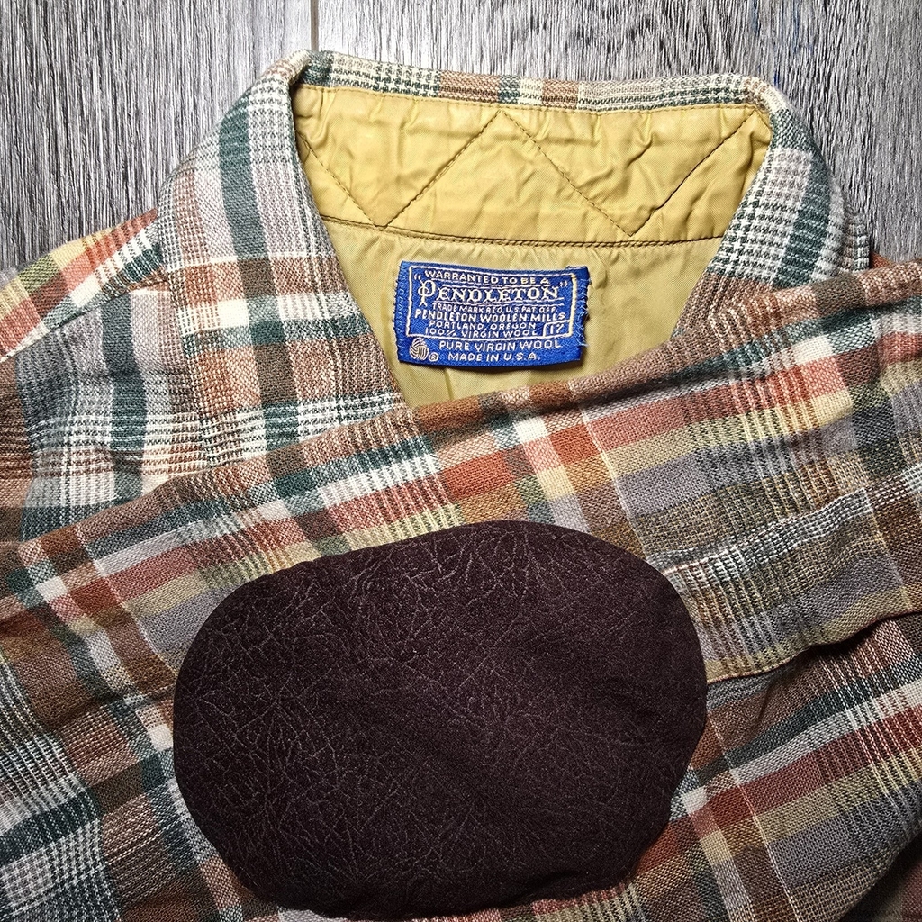 Rare VTG Pendleton Flannel Wool Shirt Men Green Earth Tones Elbow Patched USA XL