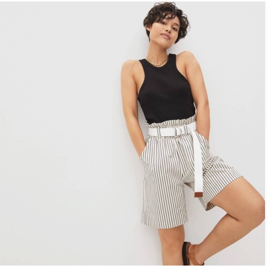 Everlane Paper Bag High Waist Shorts S White Cream Navy Blue Stripe