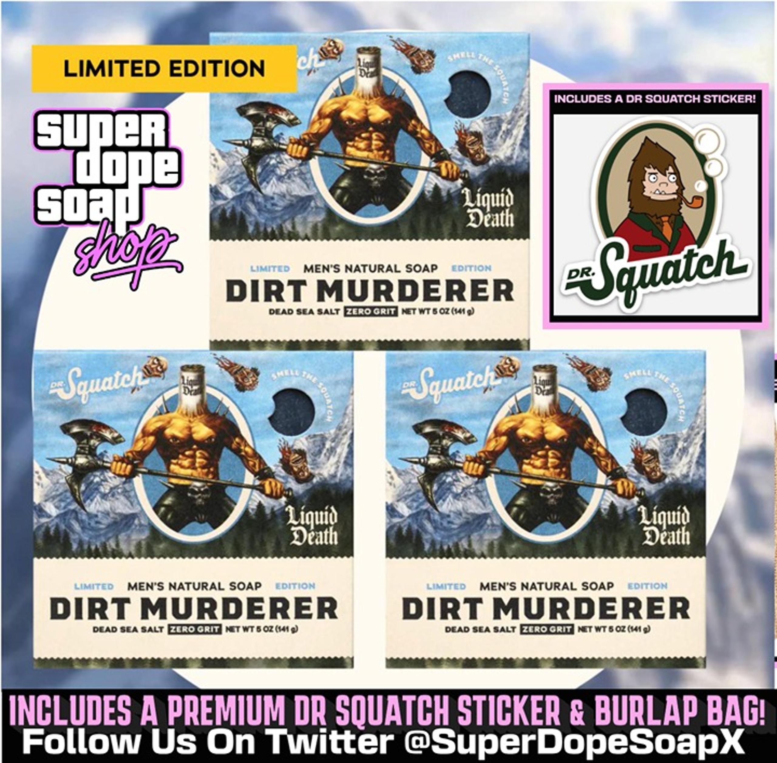 3 New! Dr Squatch DIRT MURDERER Limited Edition Soap Bars (Free Sticker & Bag )