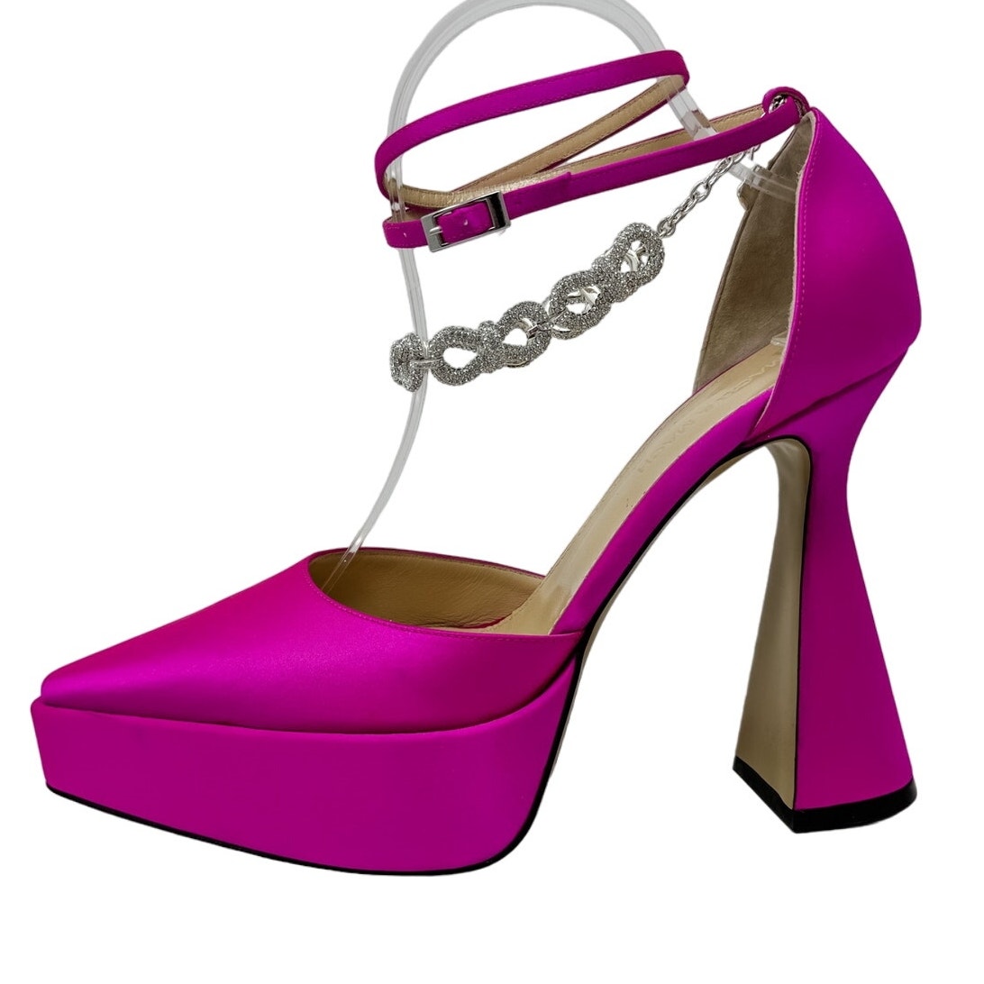 Mach & Mach Satin Crystal Bow Chain Platform Pumps Block Heel Hot Pink Size 40