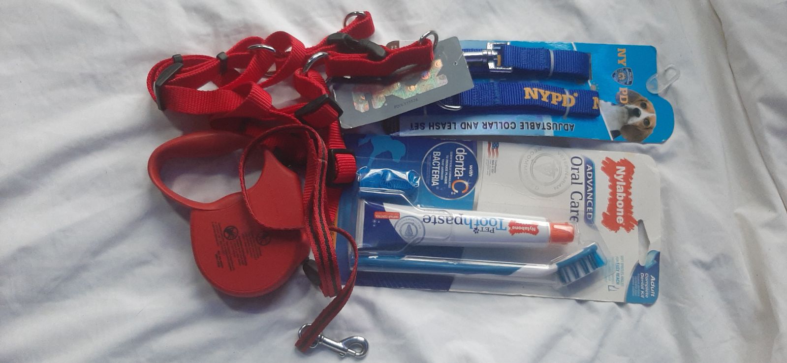 Pet Dog Bundle Nylabone Toothpaste, Harness, Flexi Retractable Leash, NYPD Colla