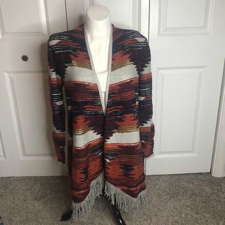 New Lucky Brand Cardigan Sweater Open Front Aztec Print with Fringe MSRP 129