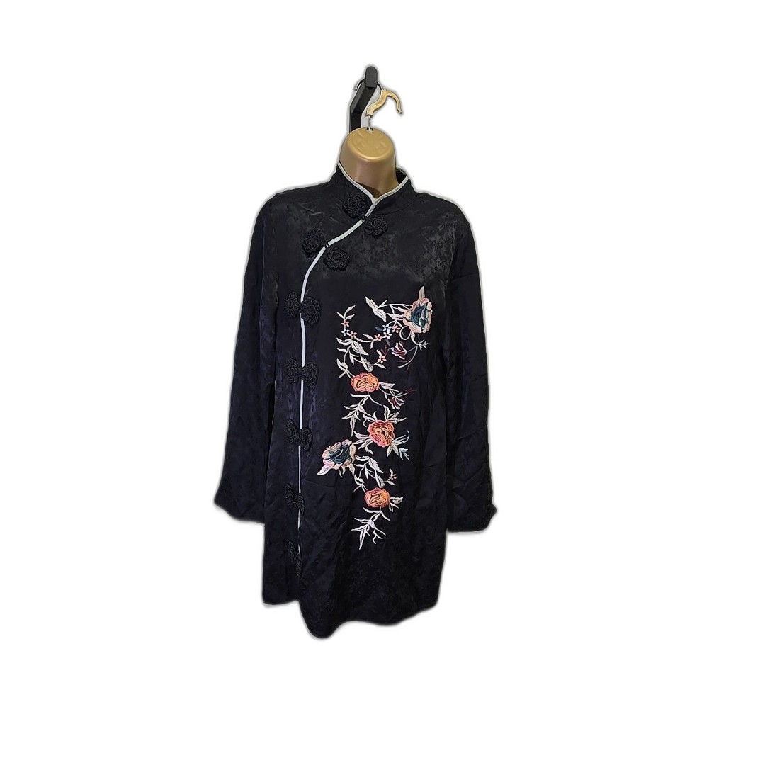 ZARA Mini Dress Womens L Black Embroidered Floral Embroidered Japan Kimono Satin