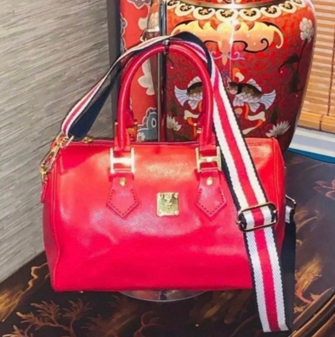 MCM Red Leather Boston Satchel Shoulder Bag