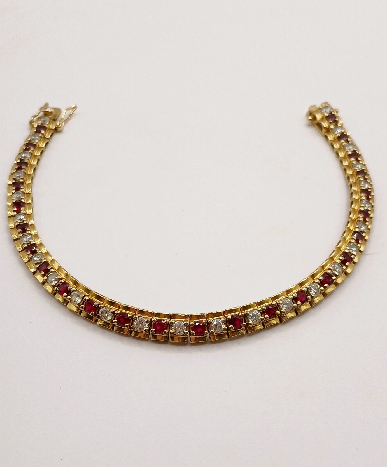 Beautiful Gold Toned 925 Sterling Silver Red & White CZ Bracelet 8