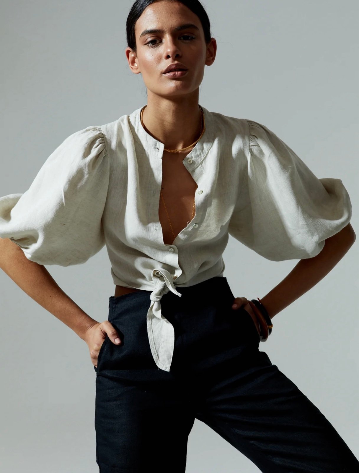 Lanhtropy Natural Bubble Linen Crop Top Beige Tie Waist