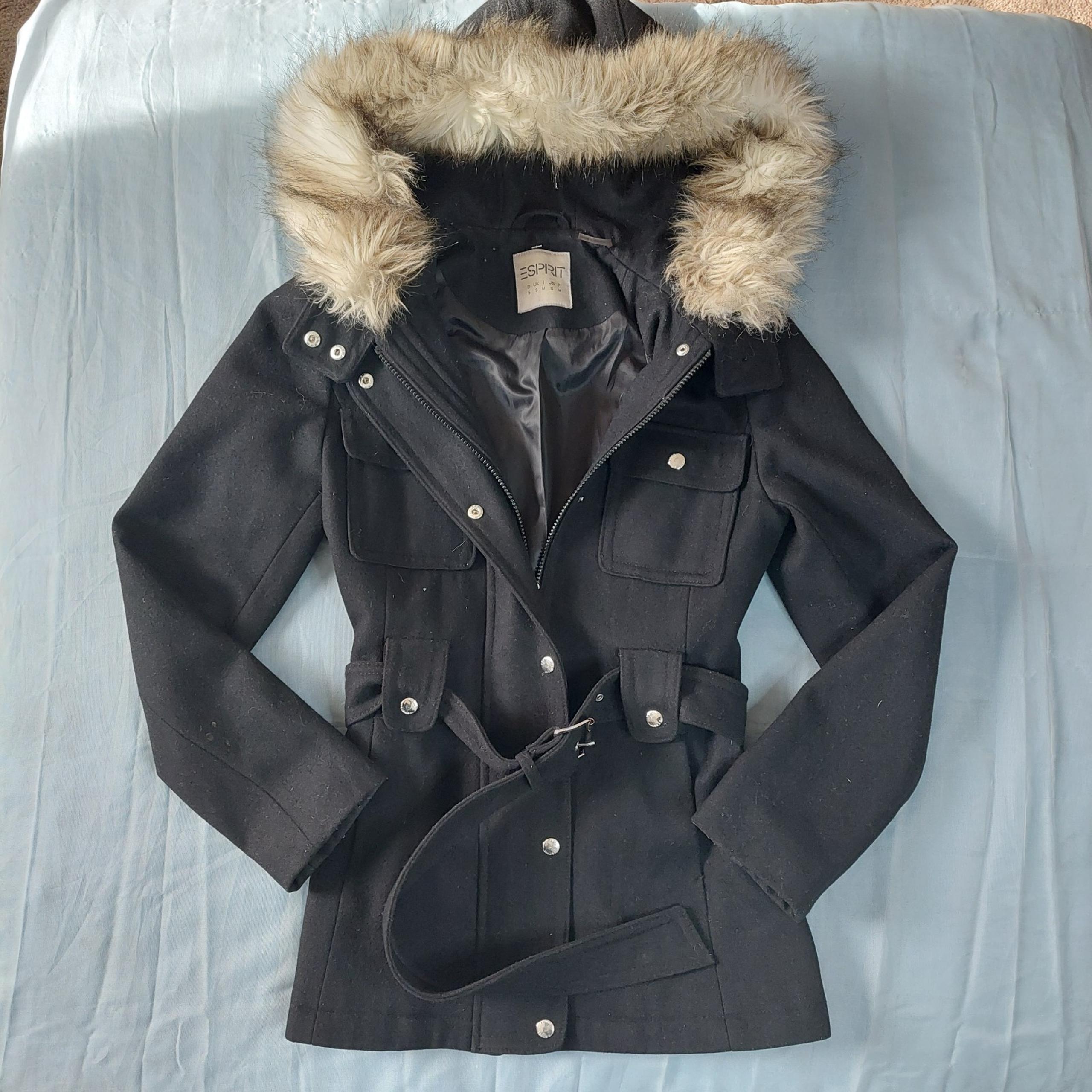 Esprit Womens Jacket Brown Zip Up Pockets Faux Fur Trim Snap Hooded Toggle S
