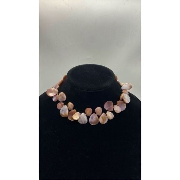 Tear shaped pink rose colored and gray stoned necklace statement piece with teal
