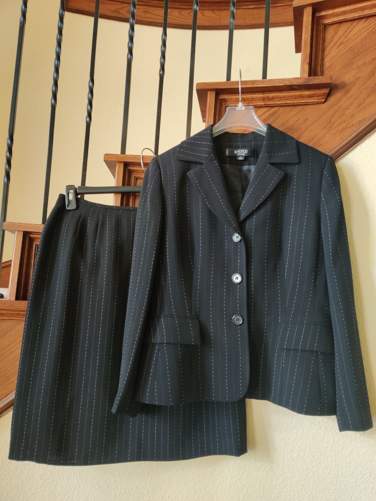 Kasper 2pc Striped Black Skirt Suit 8p