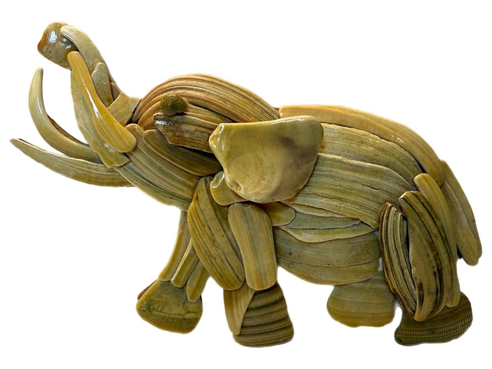 2006 Ken Swaine Elephant Sea Shell + Wood Back Wall Art Hanging Home Decor