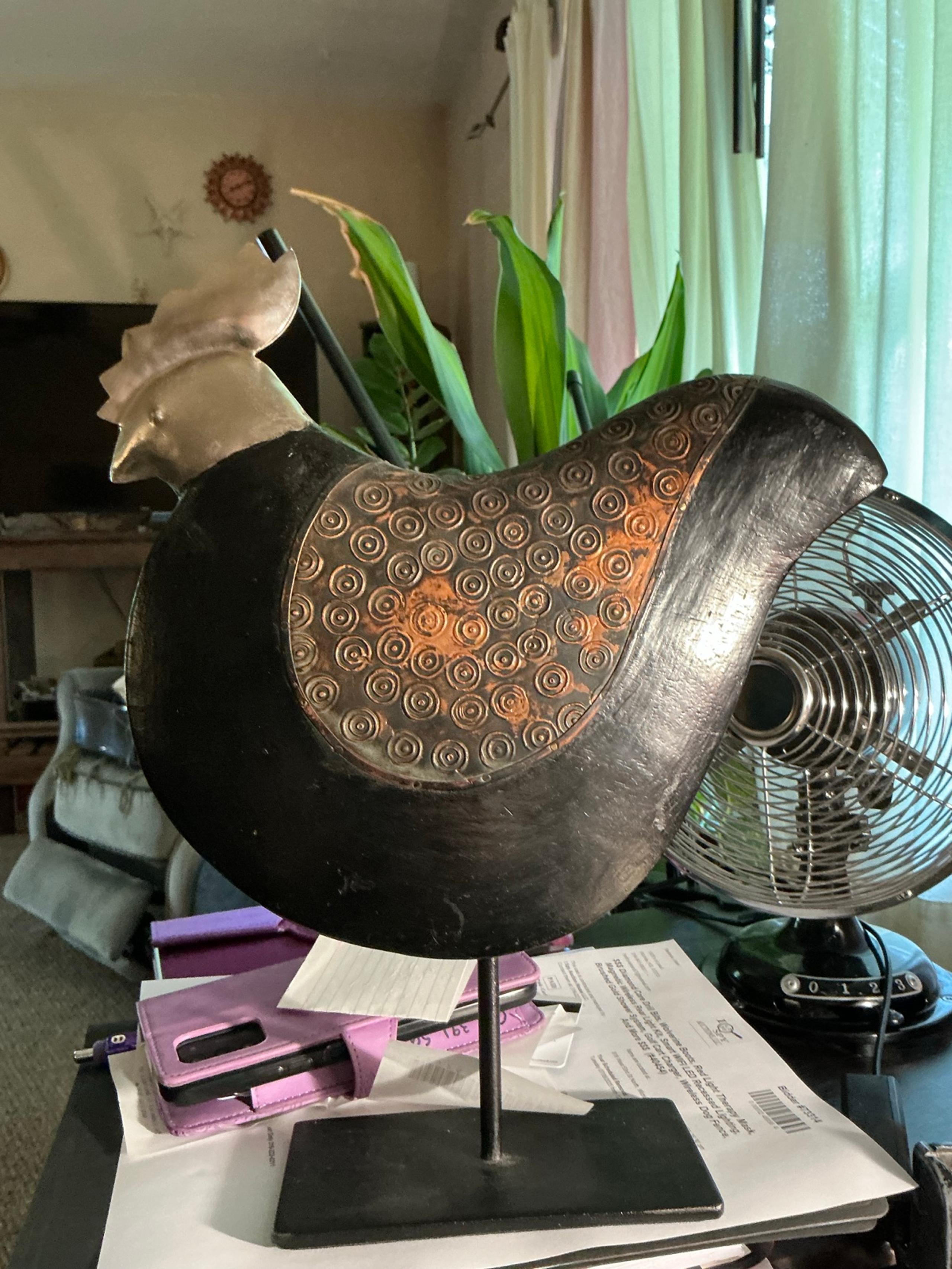 Large Pier One Wood, brass metal chicken on stand  appox  14 by 13 by 3inches