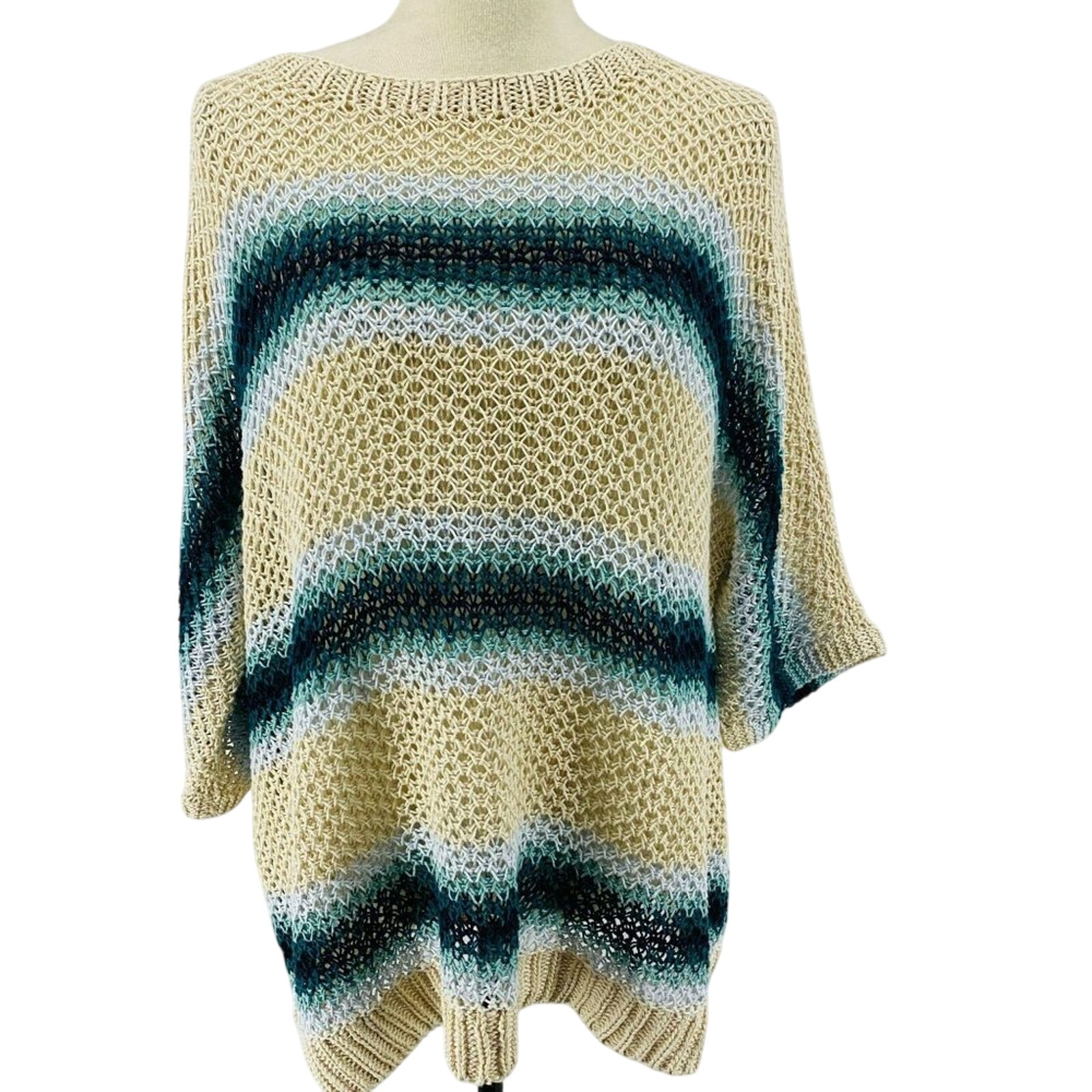 J.Jill Linen Striped Open-Stitch Sweater Kimono Womens Large