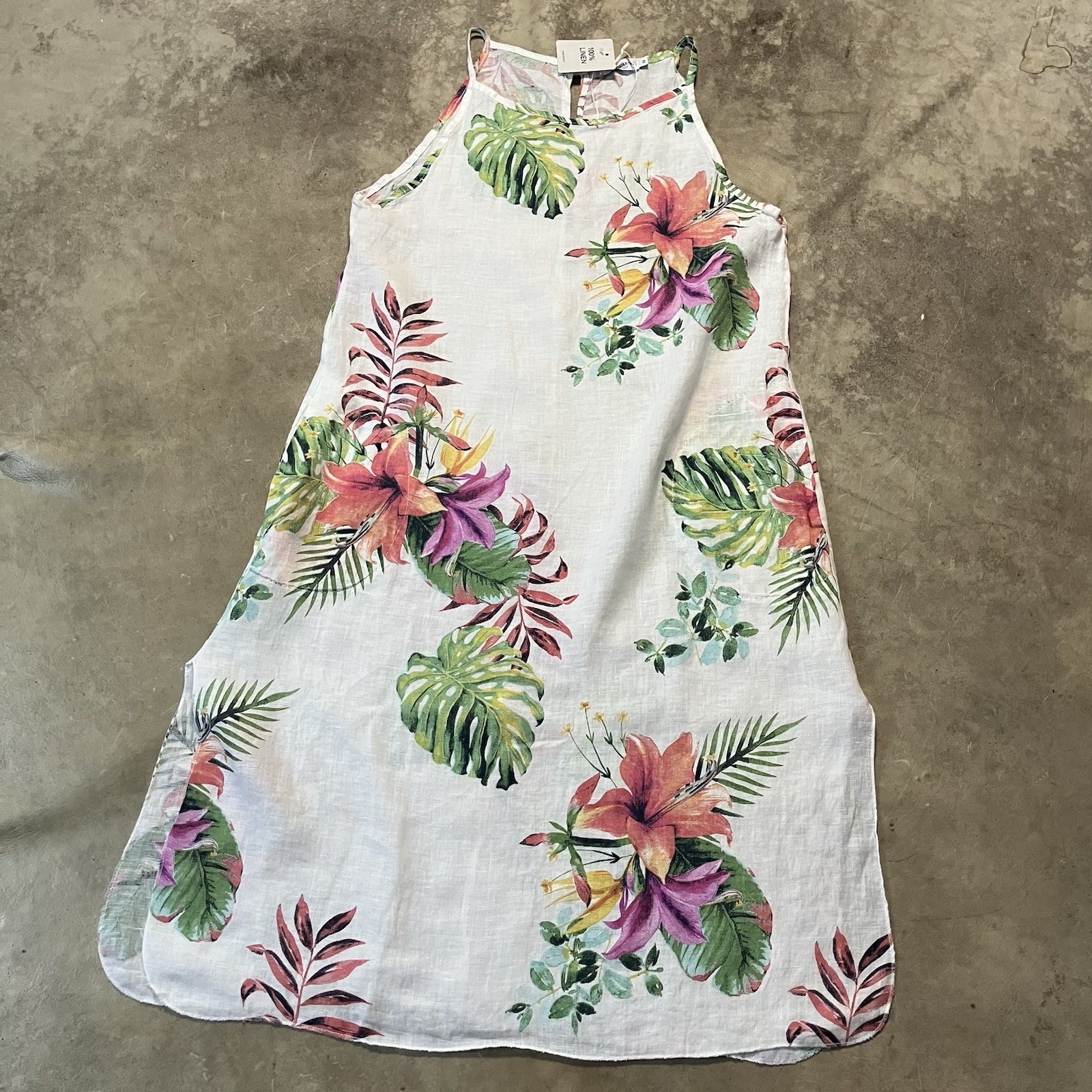 Lungo L'arno Linen Dress Womens Size Medium White Floral Midi Coastal Beach