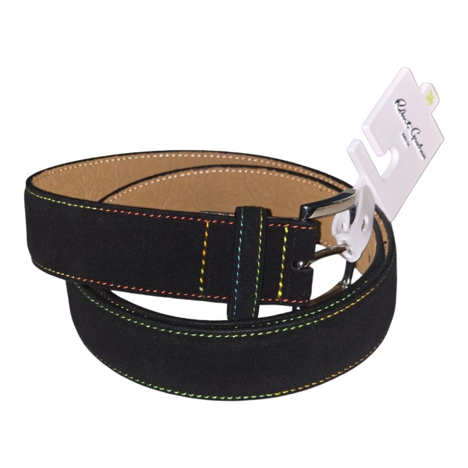 Robert Graham Black Suede Leather Belt with Multicolor Stitching Mens Size 34