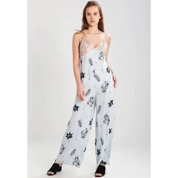 Topshop Blue Pink Embroidered Floral Spaghetti Strap Jumpsuit