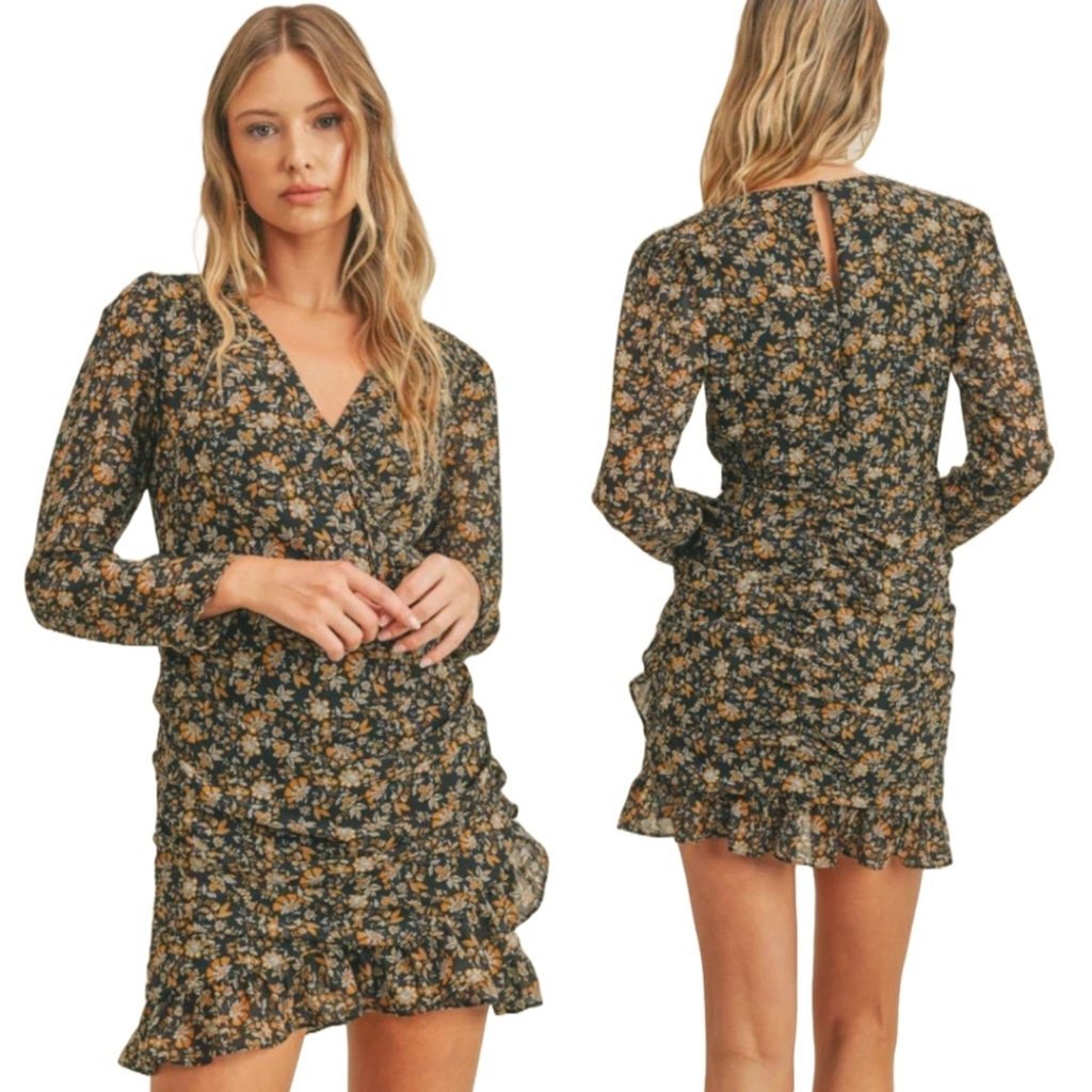 Lush Indigo Floral Long Sleeve Ruffle Mini Wrap Dress