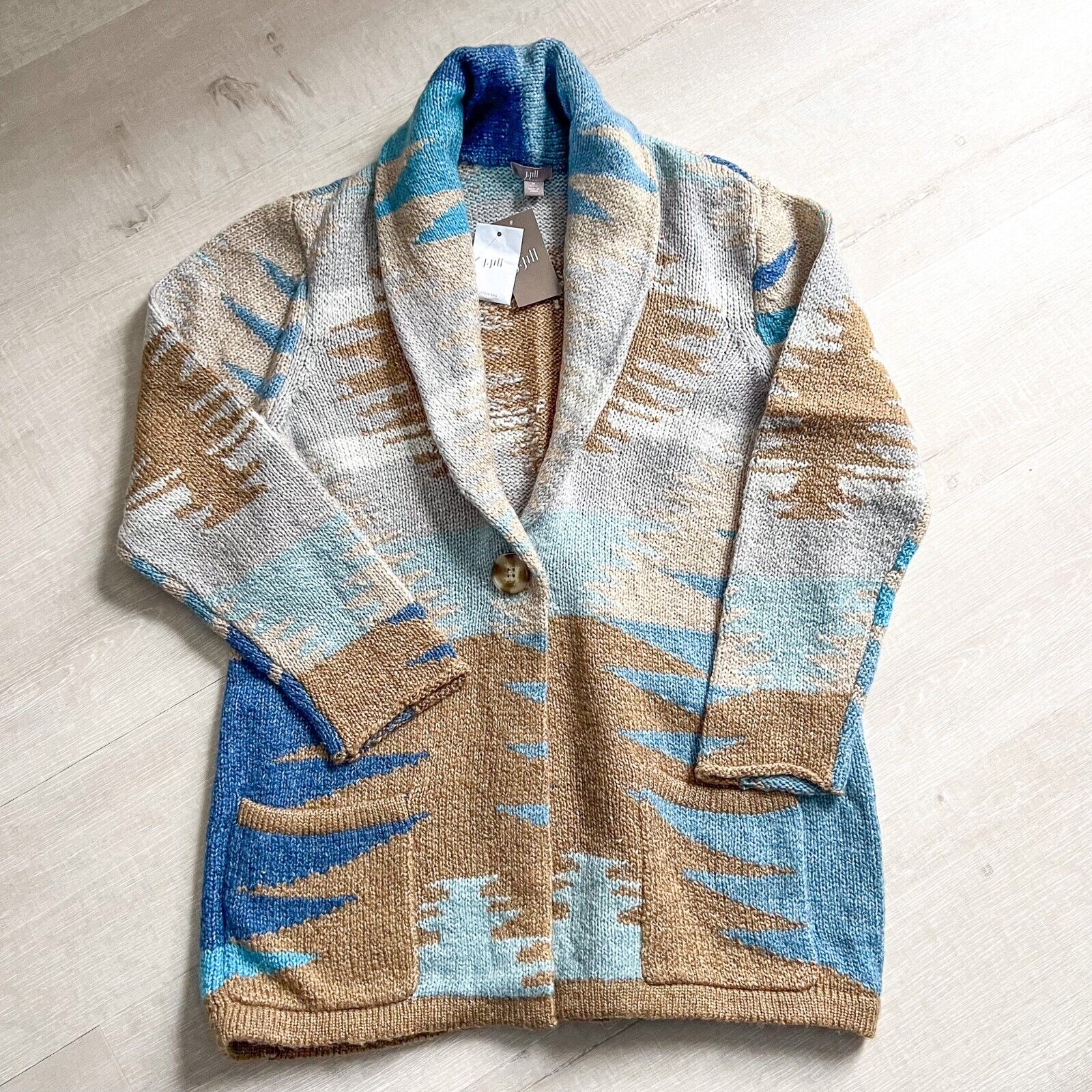 BNWT J.Jill Women Sz Medium Petite Aztec Boho Shawl Cardigan Sweater Blue Brown