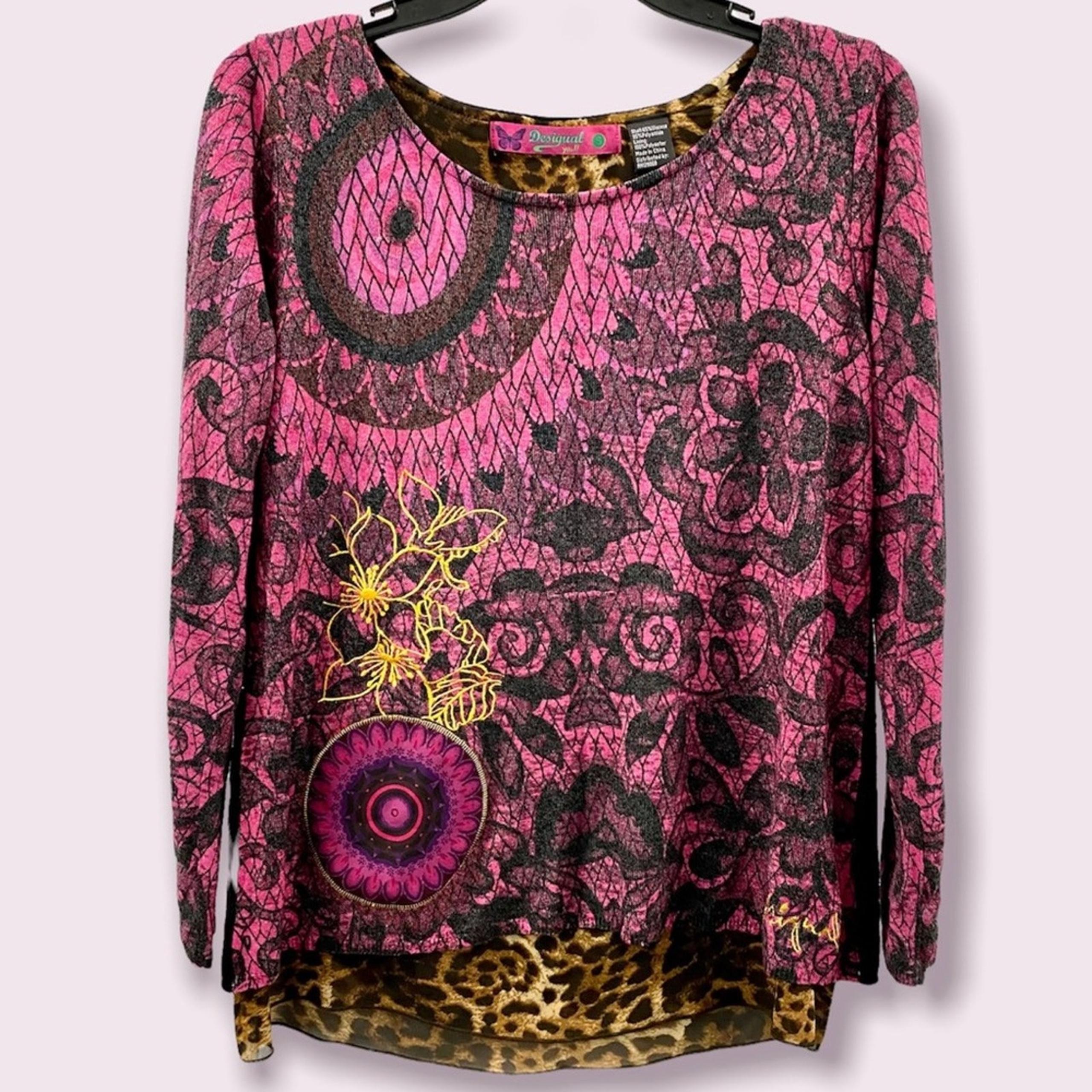 Desigual Layered Sweater Size Extra Small Pink Black & Animal Print Split Back
