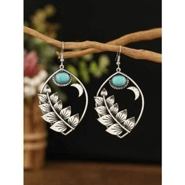 Western Turquoise Silver Leaf Crescent Moon Dangle Earrings