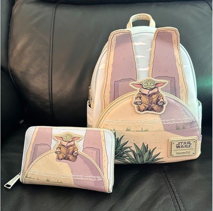 Loungefly Star Wars The Mandalorian Grogu Stone GITD Backpack & Wallet Set NWT