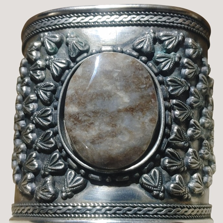 Handcrafted Silver Cuff Bracelet Intricate Floral Design Stone Natural Accent
