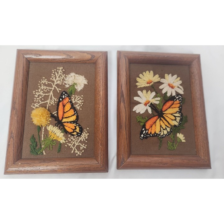 Vintage Needlepoint Floral & Butterfly On Linen Wood Frames